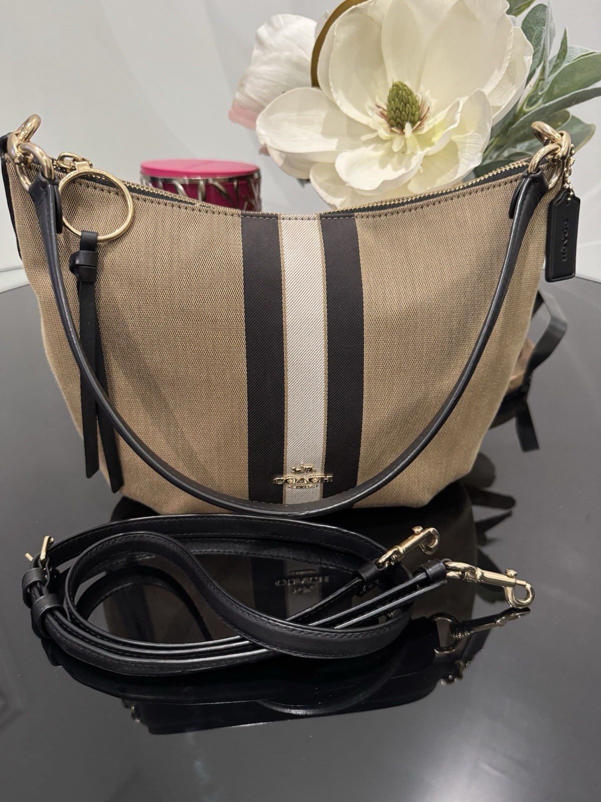 Coach Skylar Hobo W/ Varsity Stripe Beige Black Gold Hardware Shoulder Bag Logo