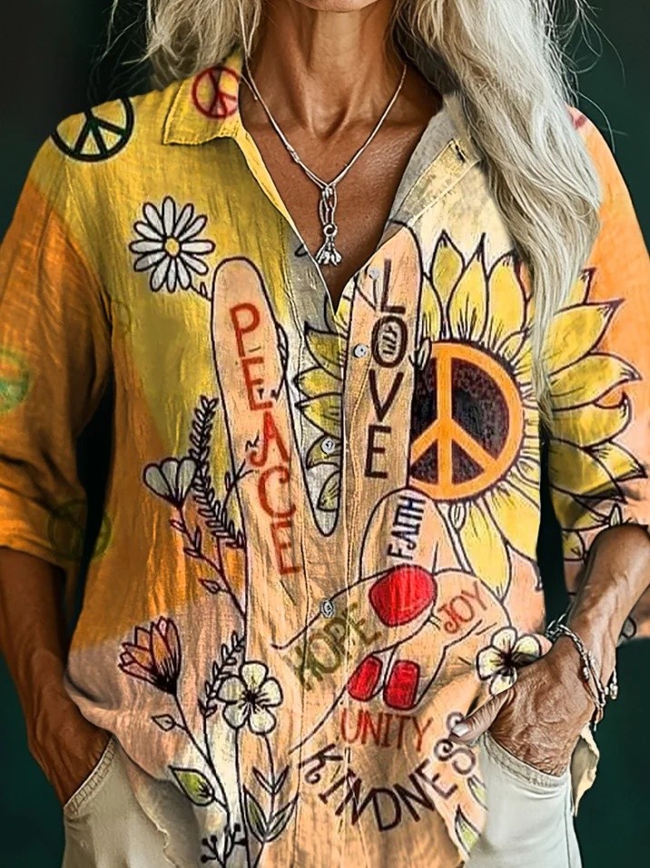 Yellow Sunflower Blouse Women Boho Floral Graphic Long Sleeve Peace Sign Shirt