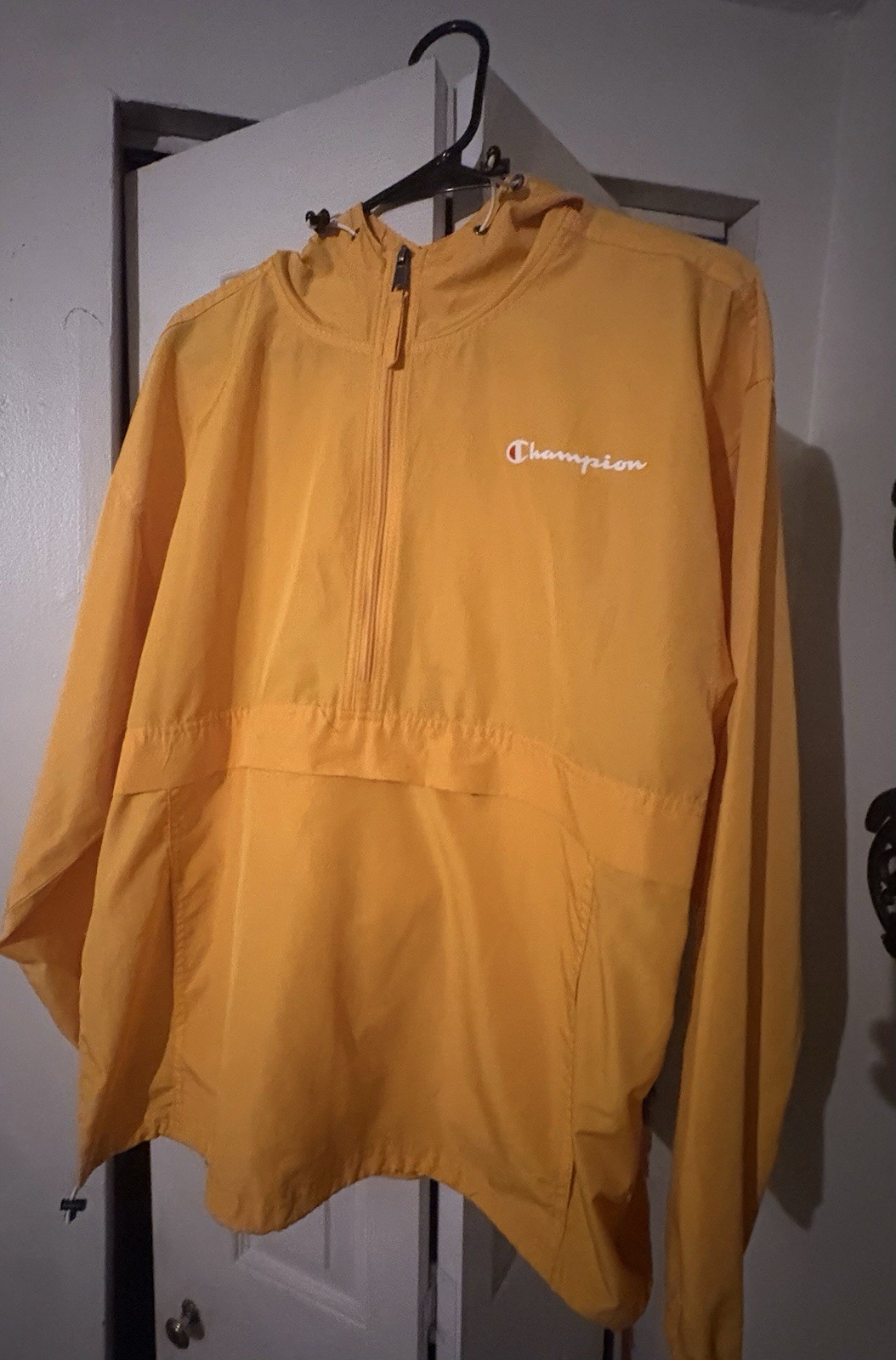 Champion Men’s Yellow Hooded 1/4 Zip Anorak Jacket Mid-Length Size L