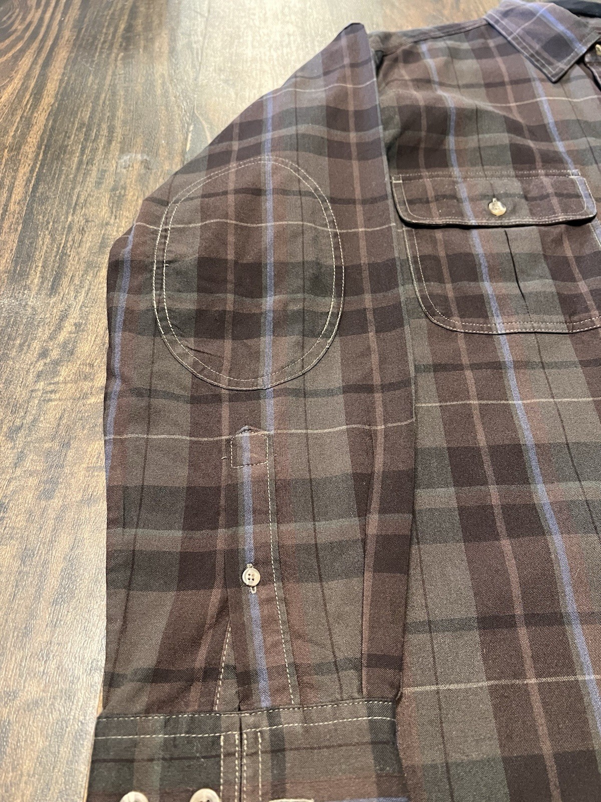 Cabela’s Outdoor Gear Plaid Button Down Shirt With Elbow Patch In Brown. Size M