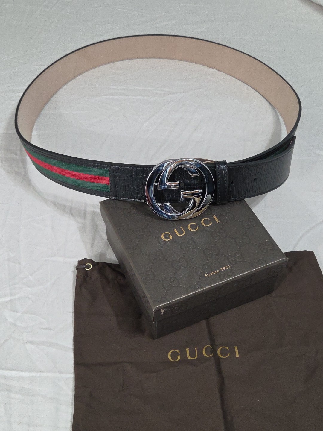 Gucci Black Green Red Striped Belt Size 38-40 IT 110CM Silver Buckle
