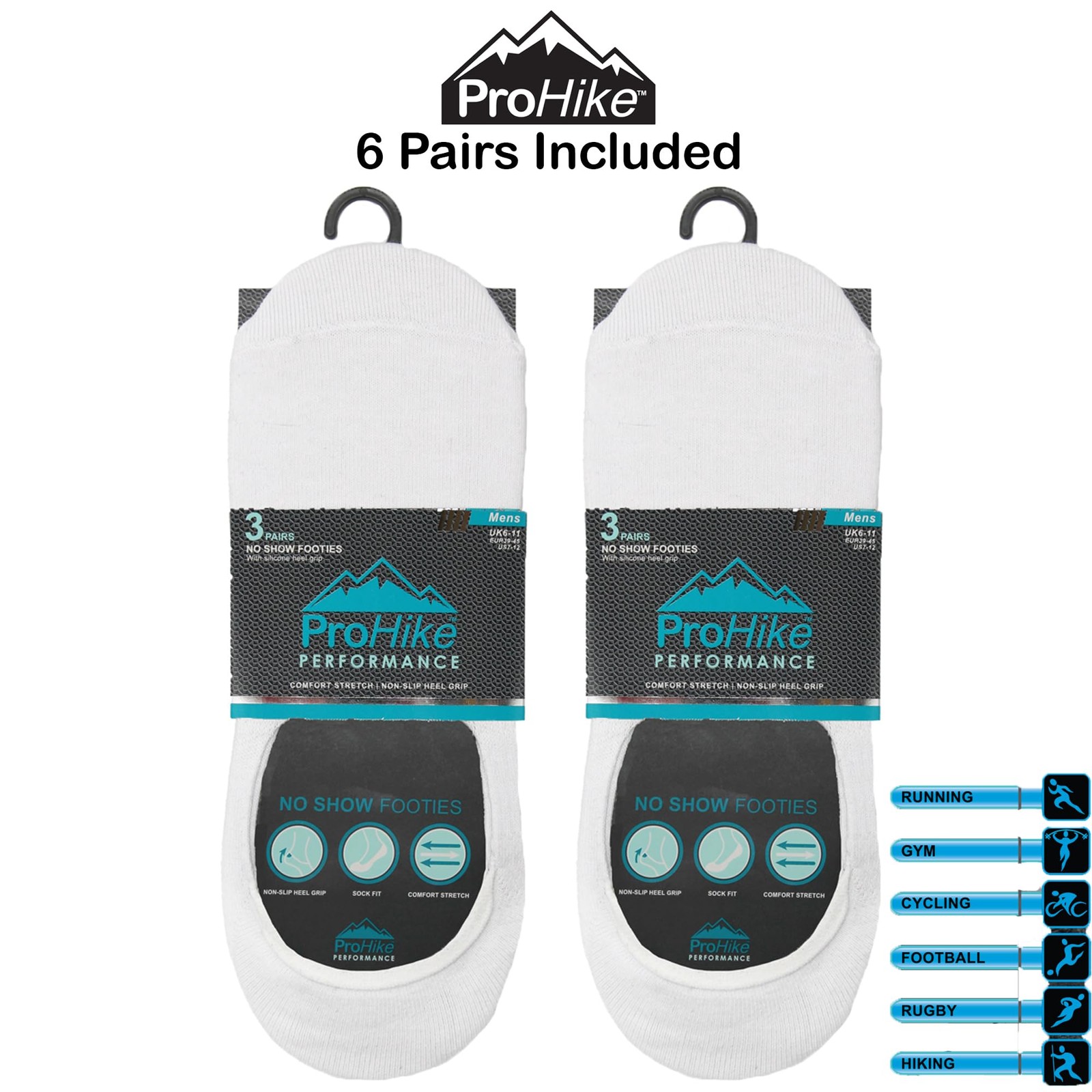 ProHike 6 Pairs Mens Invisible Socks with Non-Slip Heel Grip –UK 6-11 | EU 39-46