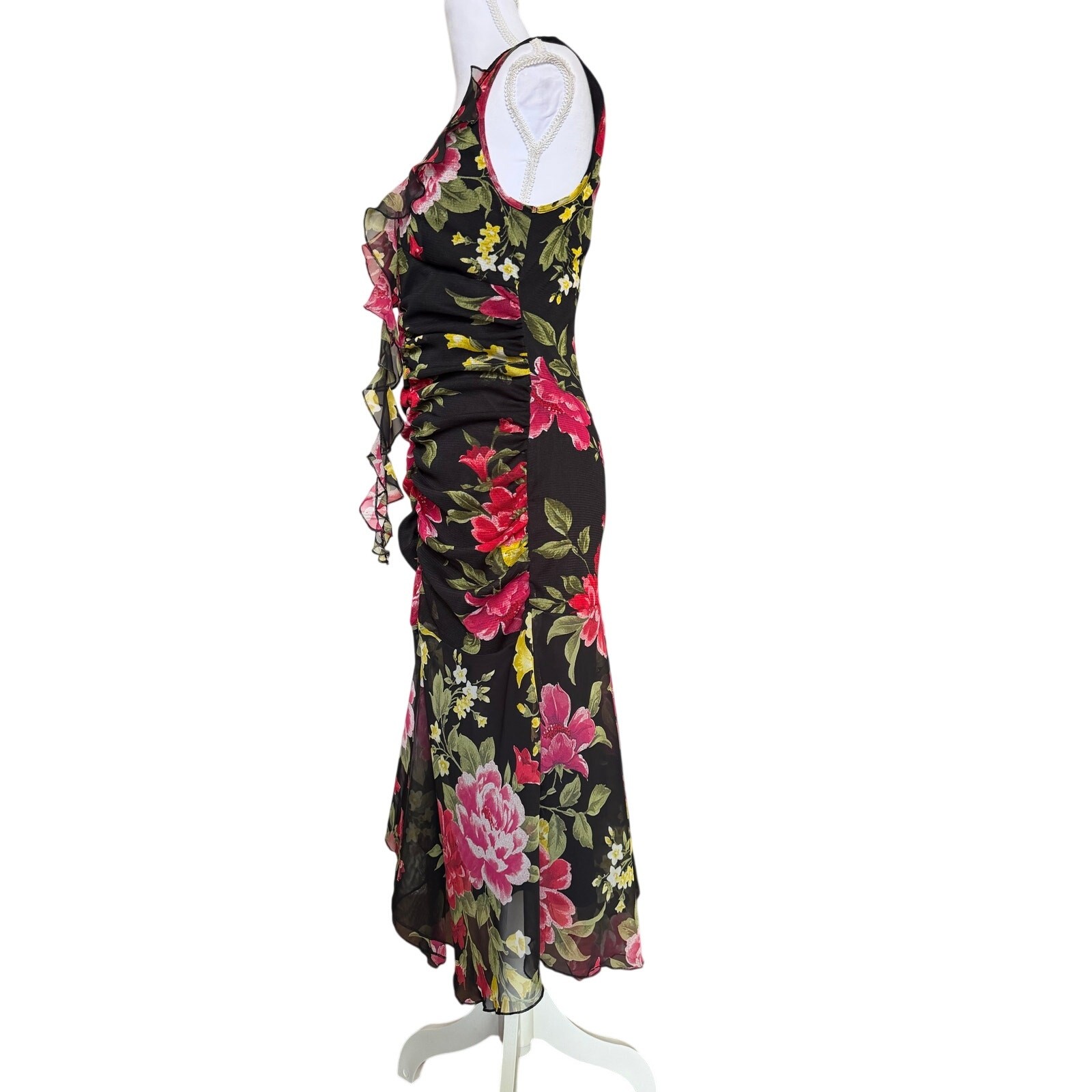 Morgan De Toi Floral Ruched Midi Dress Black Sheer Overlay Ruffle Size T2 S