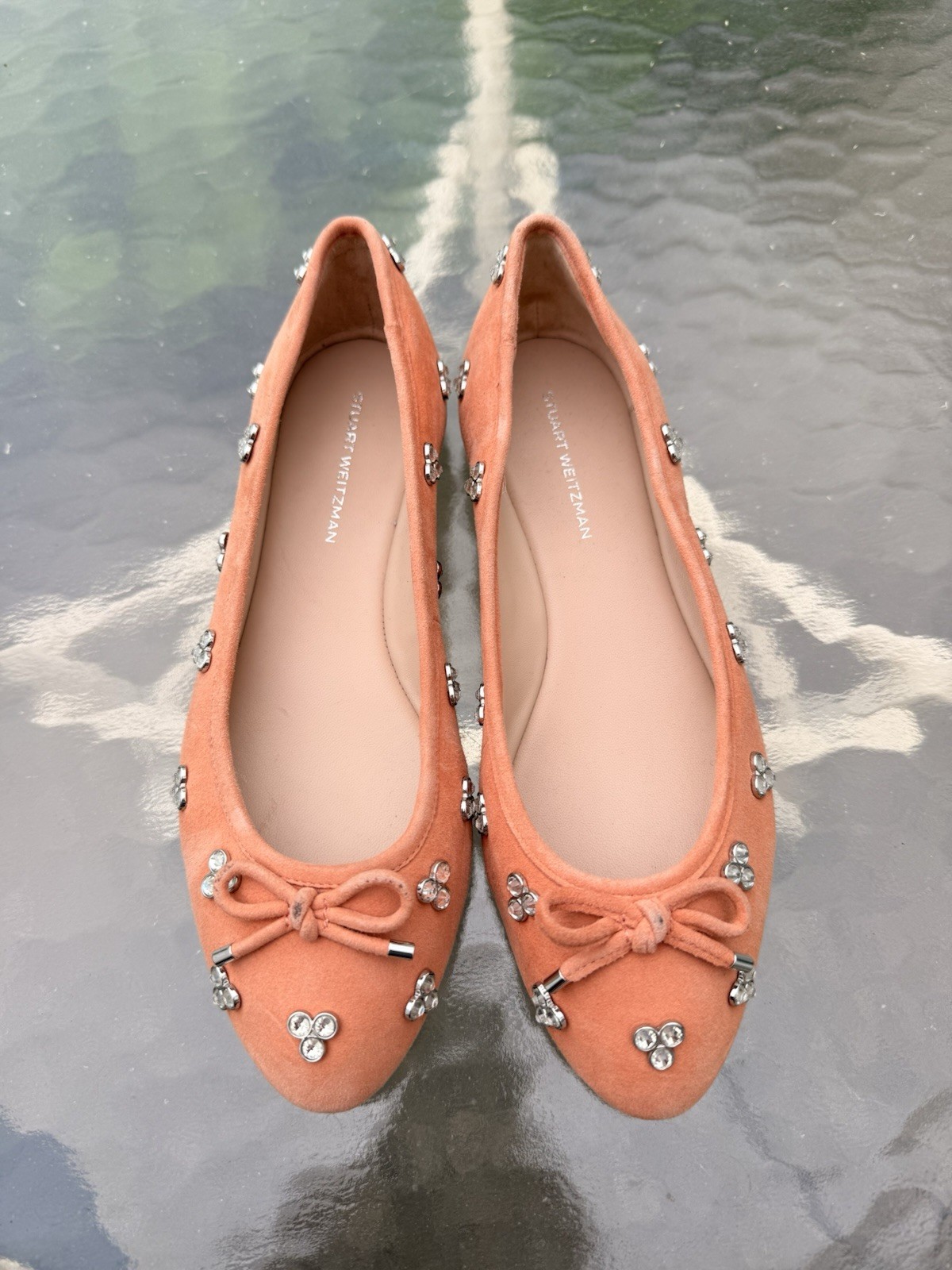Stuart Weitzman Womens Ballet Flats US 6 Pink Suede Round Toe Bow Rhinestone