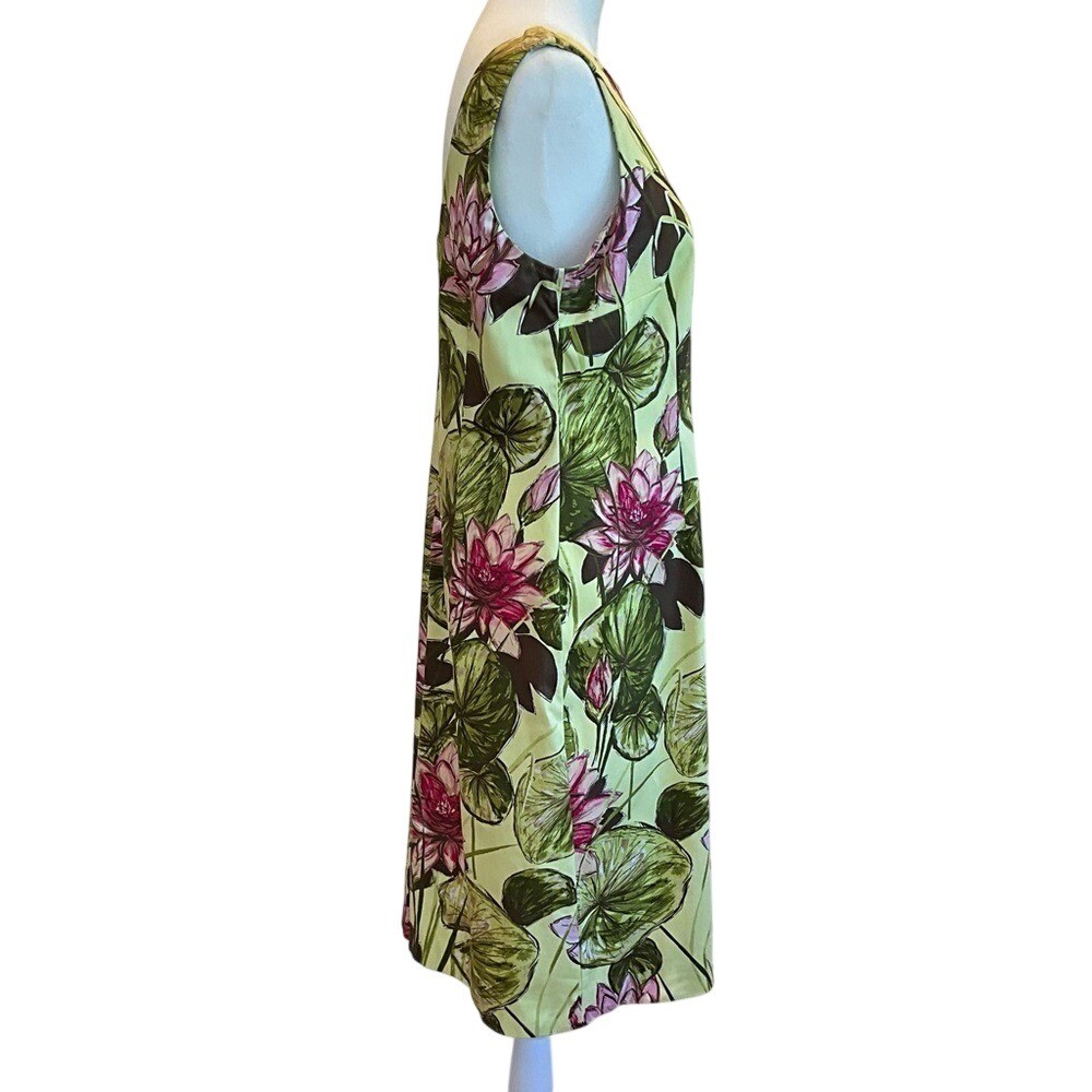 Talbots Petites 10 Yellow Pink Lotus Flower Lily Pad Cotton Sheath Dress 36in L