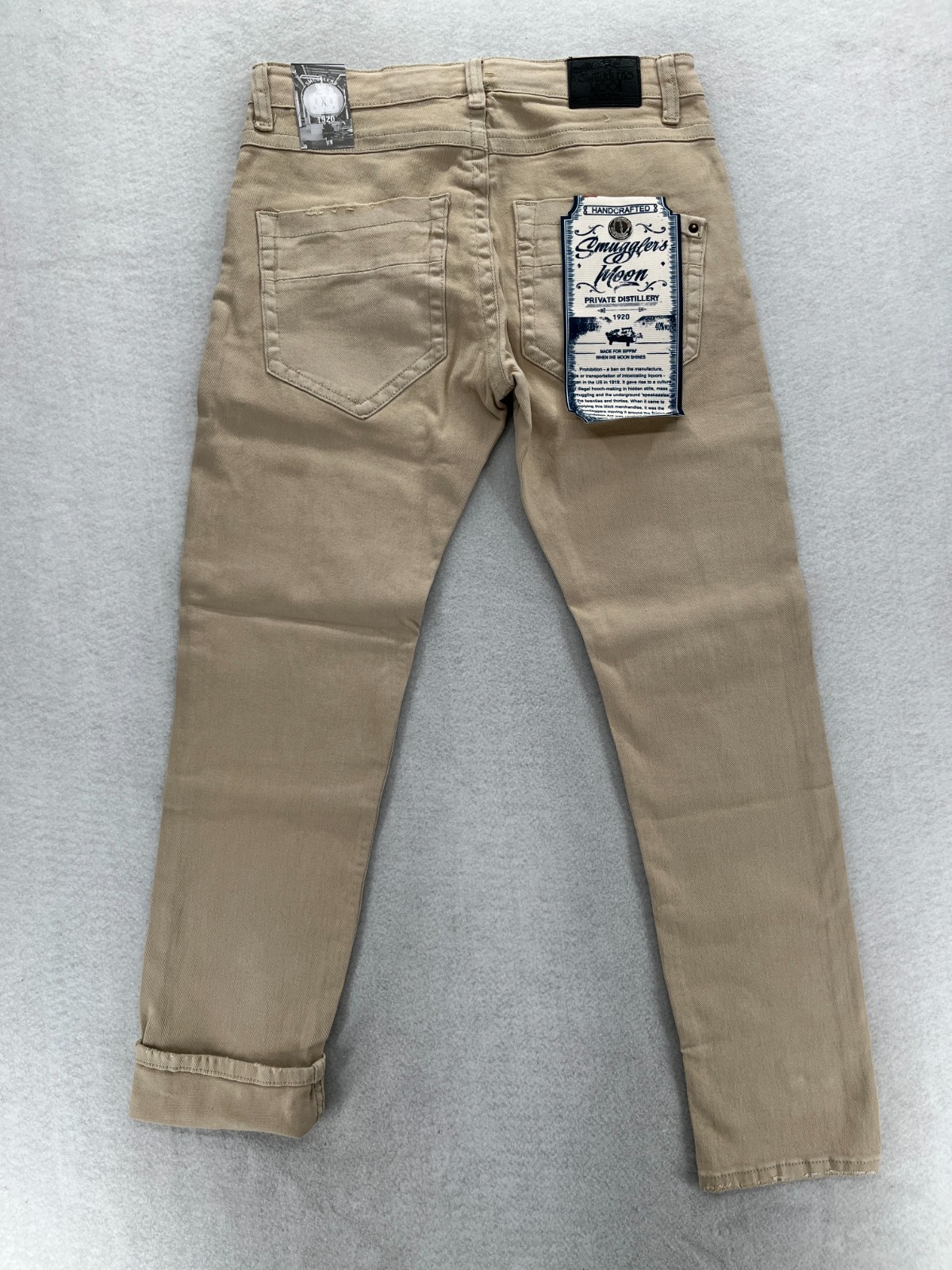 Smugglers Moon Jeans Mens 34×32 Khaki Beige Denim Button Fly Roll Up Distressed