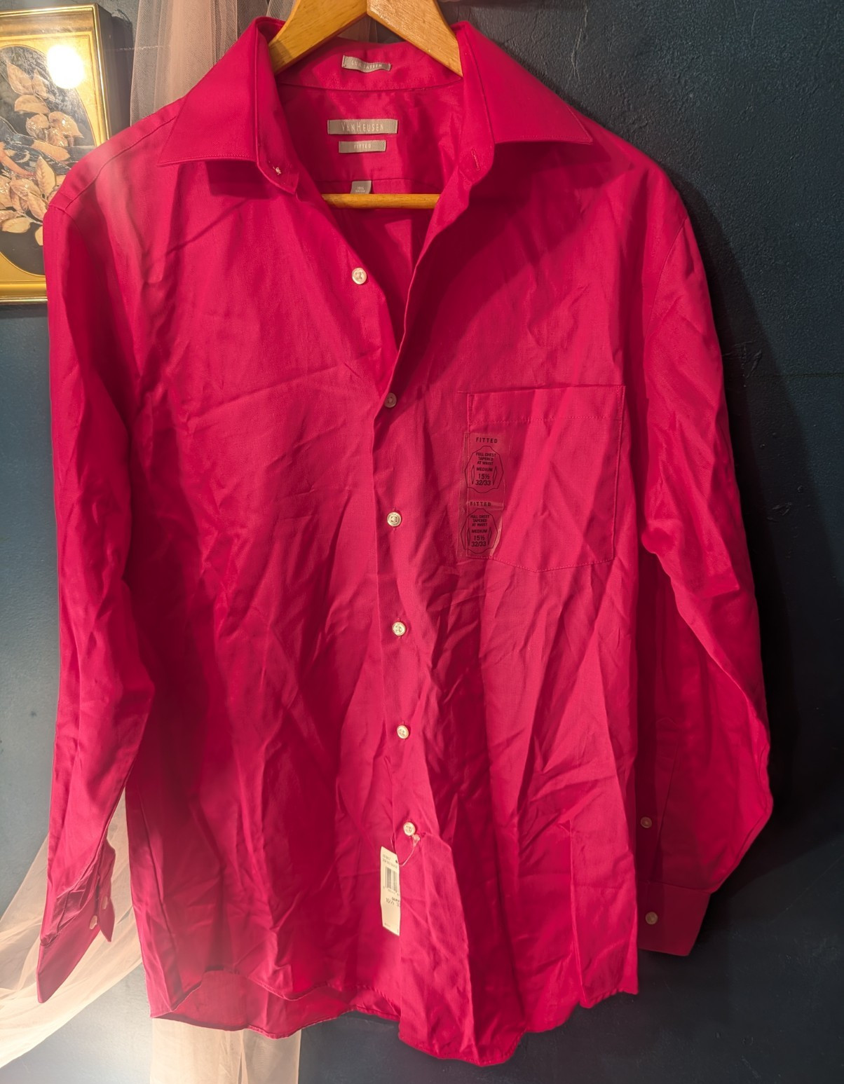 Van Heusen Lux Sateen Men’s Dress Shirt 15.5 32/33 Medium Fitted Guava Pink NWT
