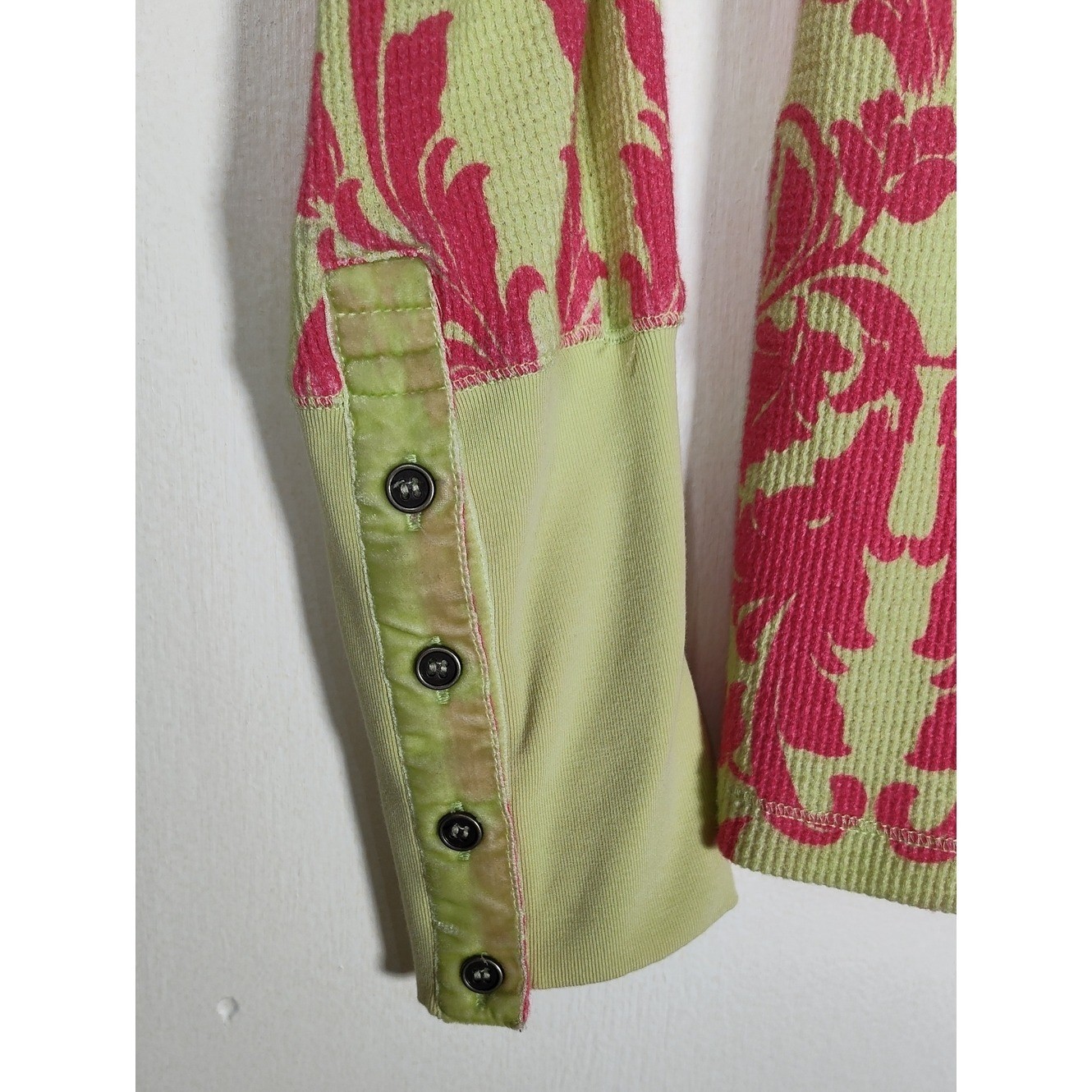 Sundance waffle knit thermal long sleeve top green pink floral M petite
