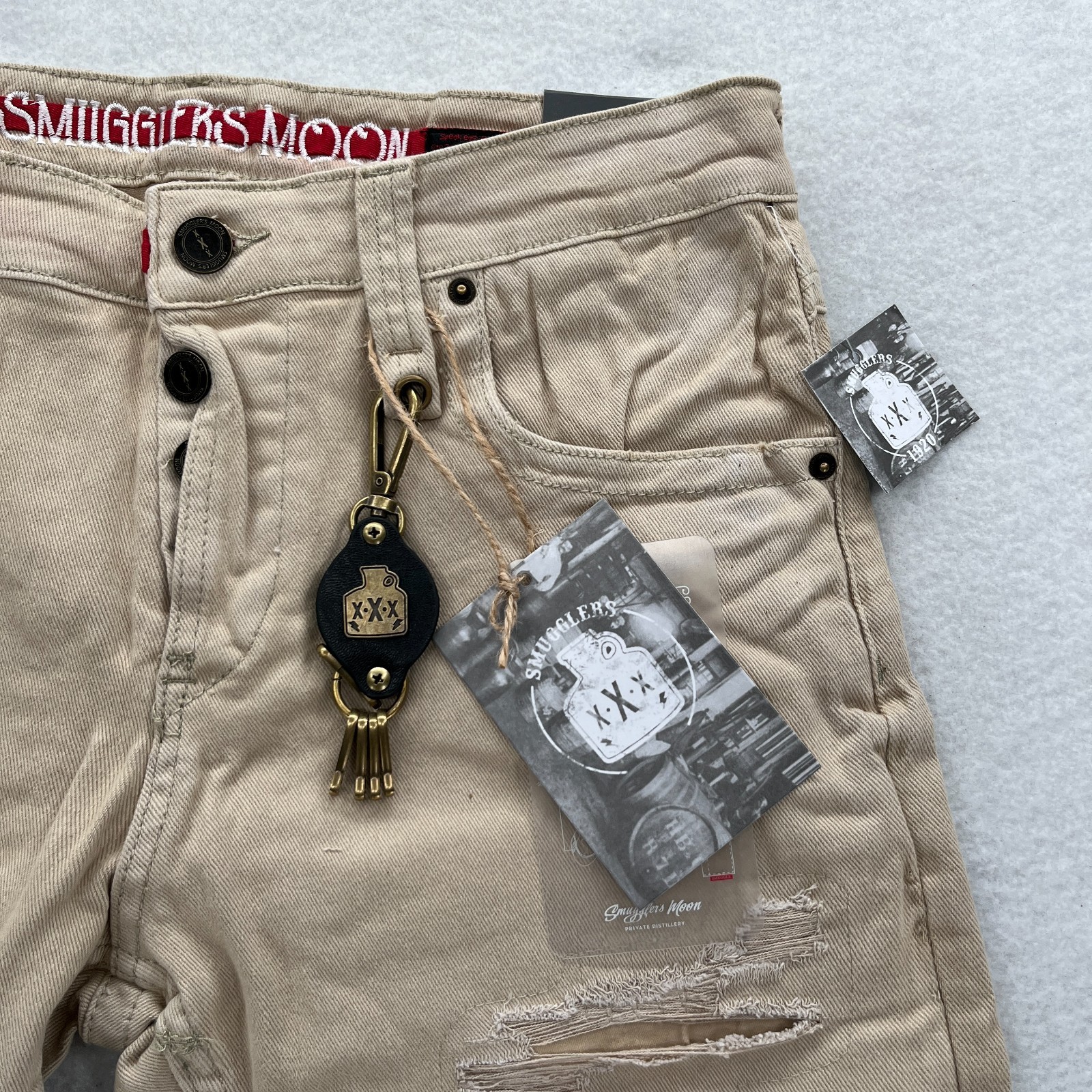 Smugglers Moon Jeans Mens 34×32 Khaki Beige Denim Button Fly Roll Up Distressed