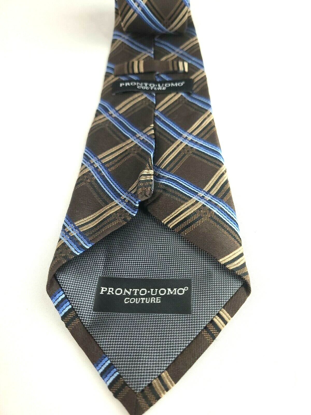PRONTO UOMO Couture Brown Blue Tan Geometric 100% Silk Necktie Tie 3 3/4″ X 60.5