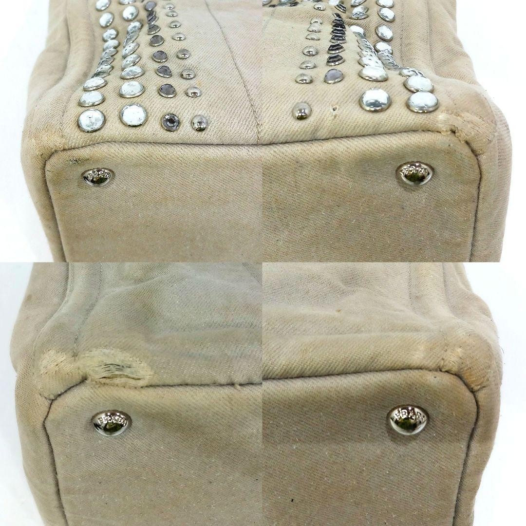 PRADA Canapa Bijou 2 Way Leather Canvas Shoulder Handbag Greige Silver Auth