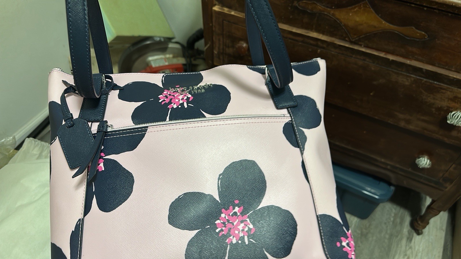 Kate Spade New York Large Pink Black Floral Zip Tote Bag w/ Pouch, Zip Pocket