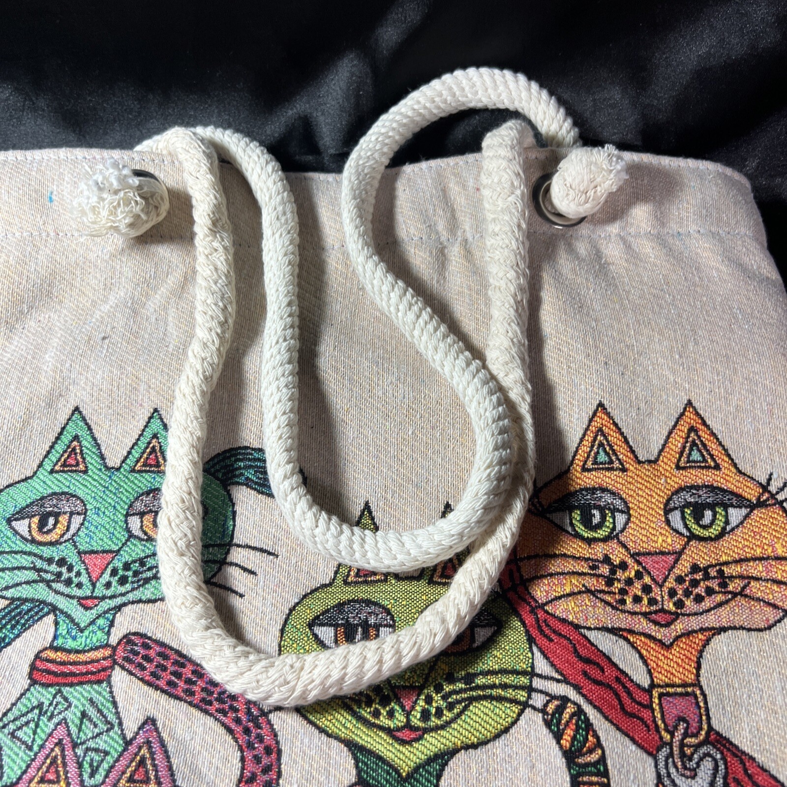Boho Cat Tapestry Fabric Tote Bag for Women Anatolian Pattern Shoulder Bag