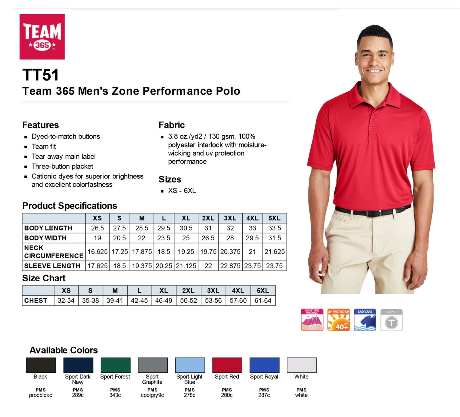 Team 365 Mens Dri-Fit UV Protection Moisture Wicking Polo Shirt M-TT51