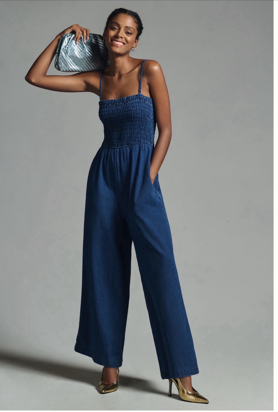 Anthropologie Pilcro Smocked Romper Jumpsuit Blue Lightweight Indigo Size Medium