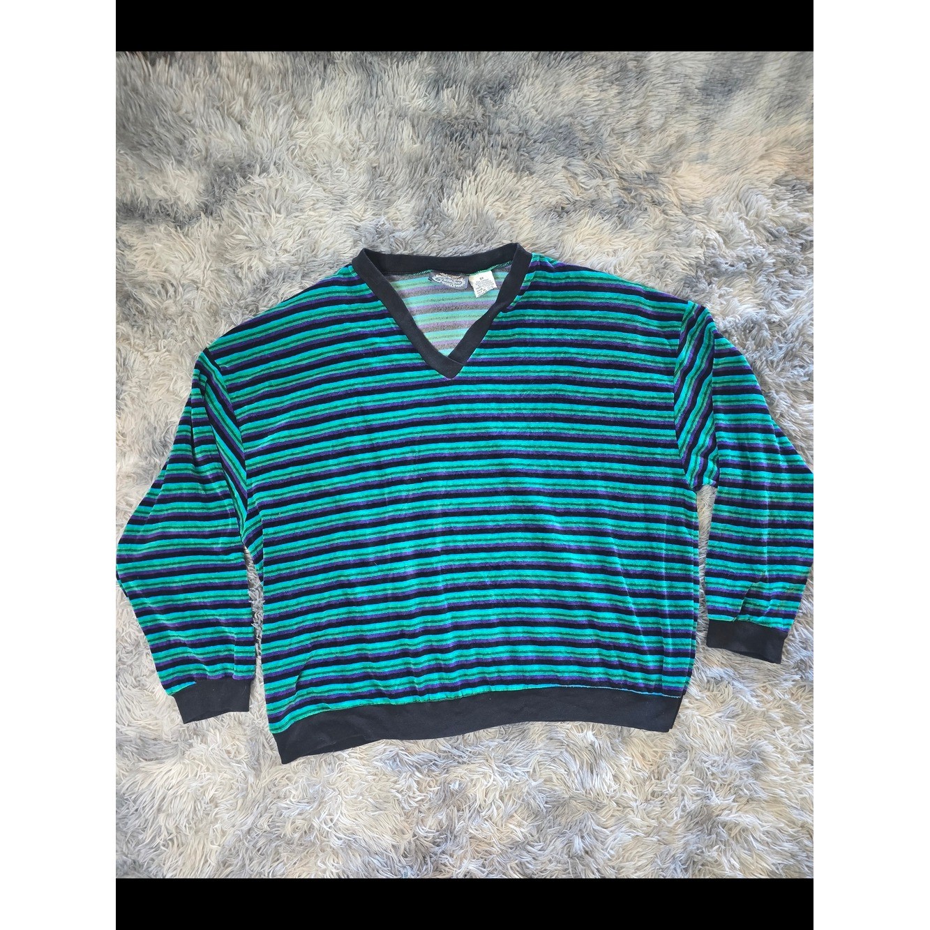 Vintage Velvet Striped V-Neck Sweater in Teal and Black, Size 3XL