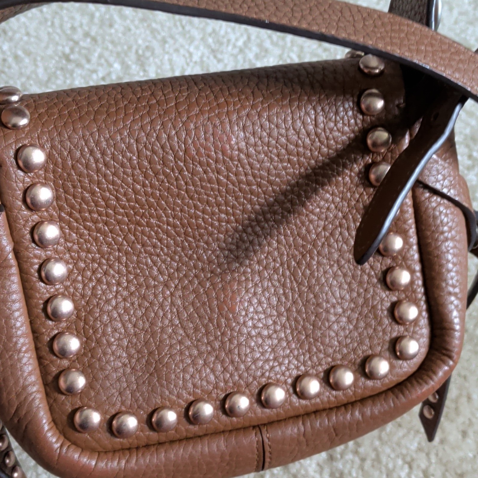 Brown Pebbled Studded Saddle Small Crossbody Bag, Adjustable Strap Magnetic