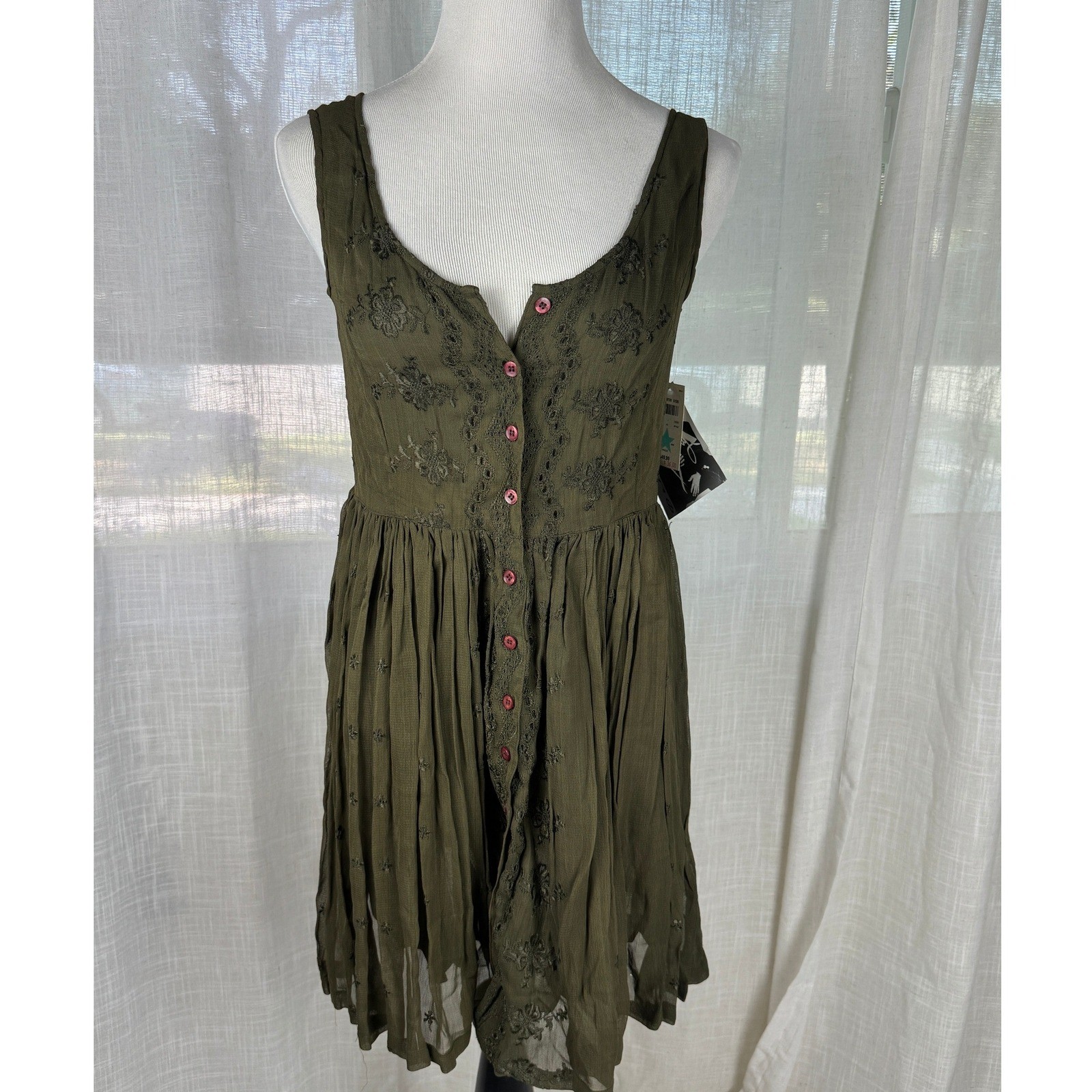 Bongo Vintage 90s Olive Green Embroidered Button Front Dress NWT Size M