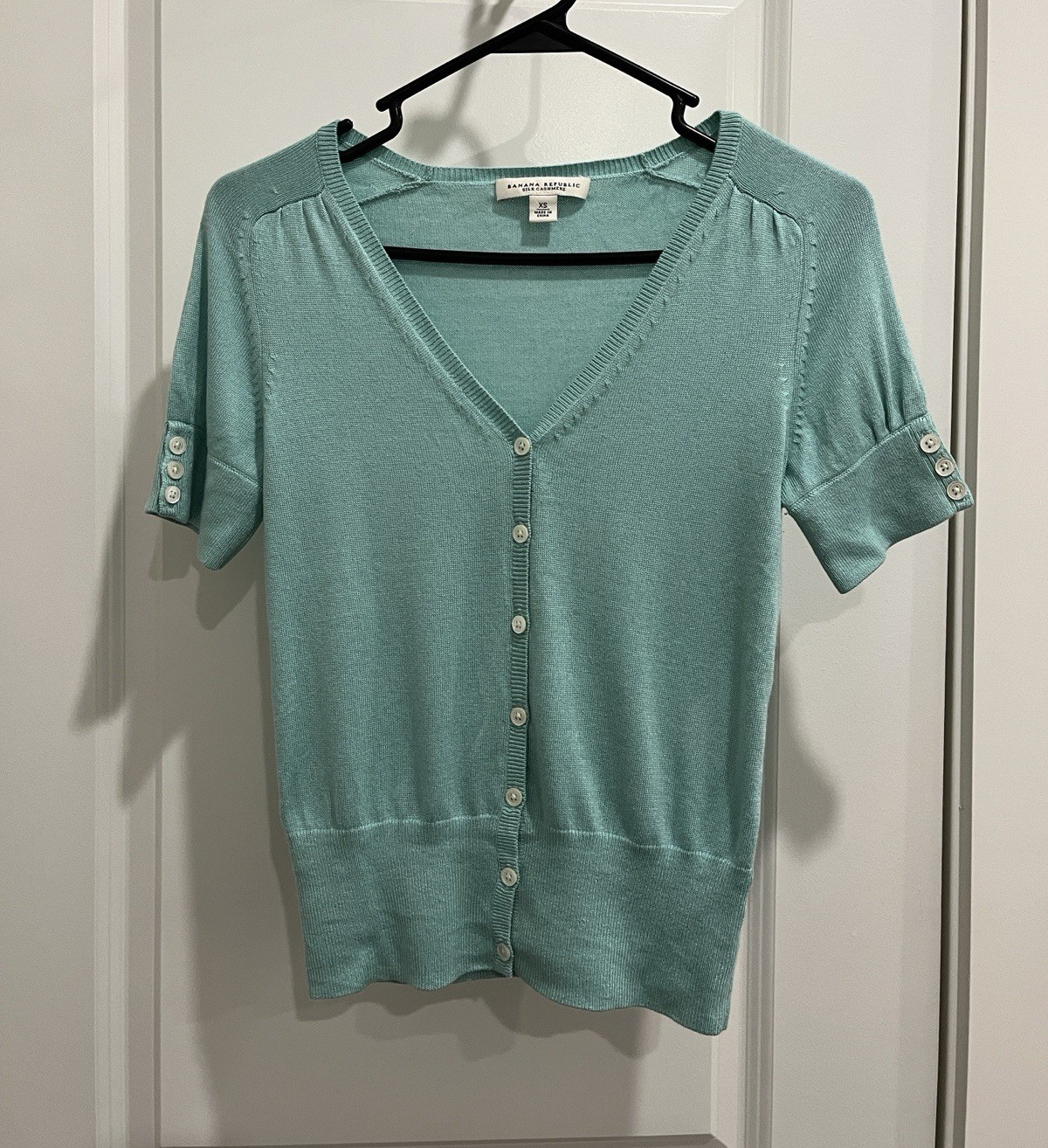 Y2K Banana Republic Blue Silk Cashmere Knit V-Neck Short Sleeve Cardigan XS