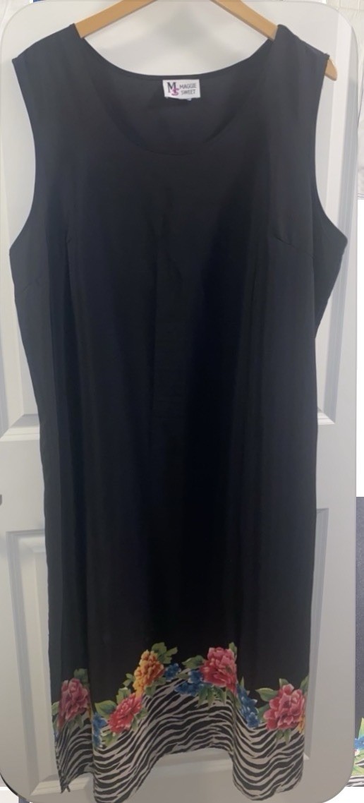 Vintage Maggie Sweet 2XL Black Midi Shift Dress Sleeveless Floral Zebra Slit 90’