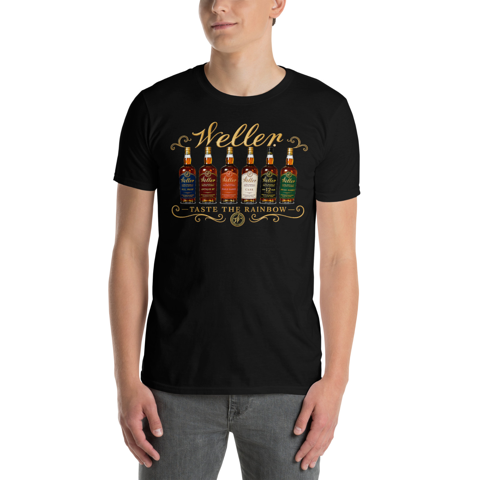 Weller Taste The Rainbow Bourbon Whiskey Graphic T-Shirt Men’s Black Tee Gift