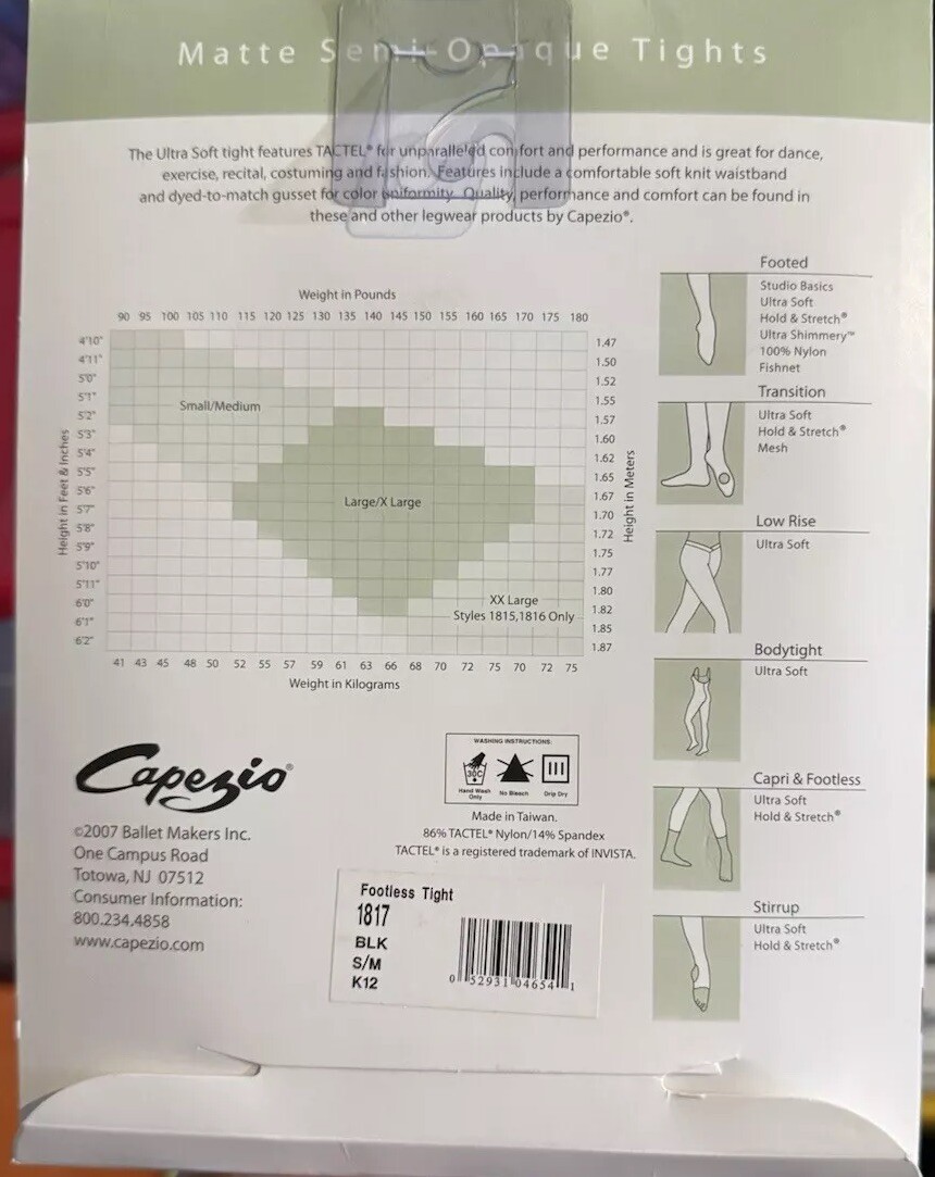 Capezio #1817 Women’s Ultra Soft Tights Footless Black Size S/M New