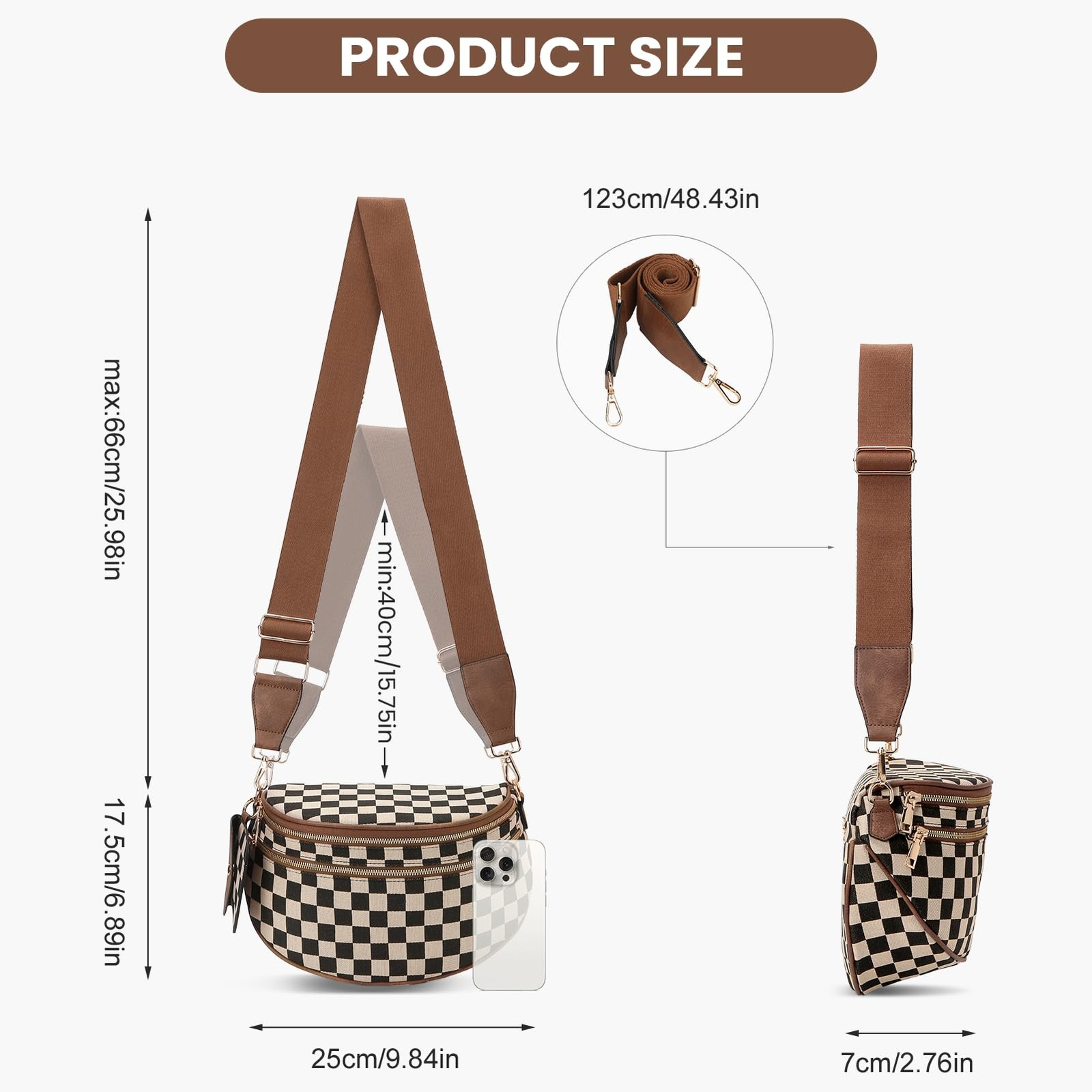 1 PCS A01 Brown Checkered Crossbody Bum Bag Large Fanny Pack Belt Purse