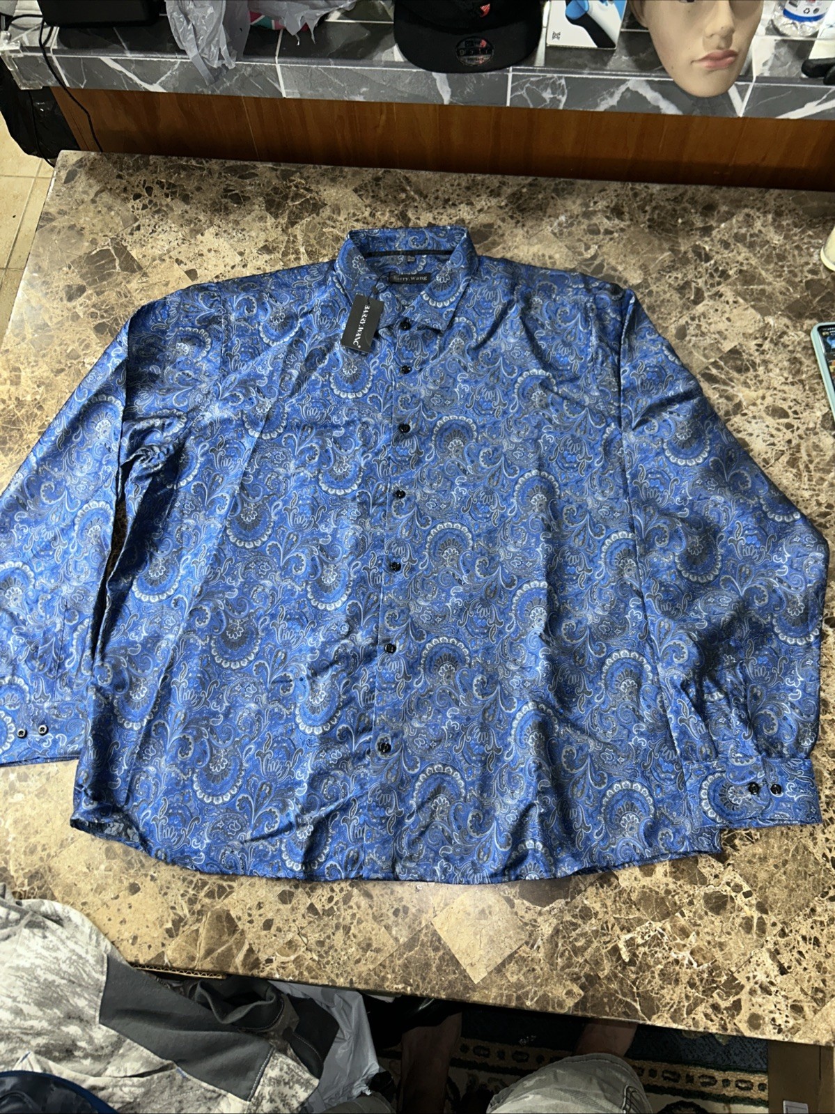 Barry Wang mens Paisley shirt 4xl Long Sleeve Button Blue Silk Blend