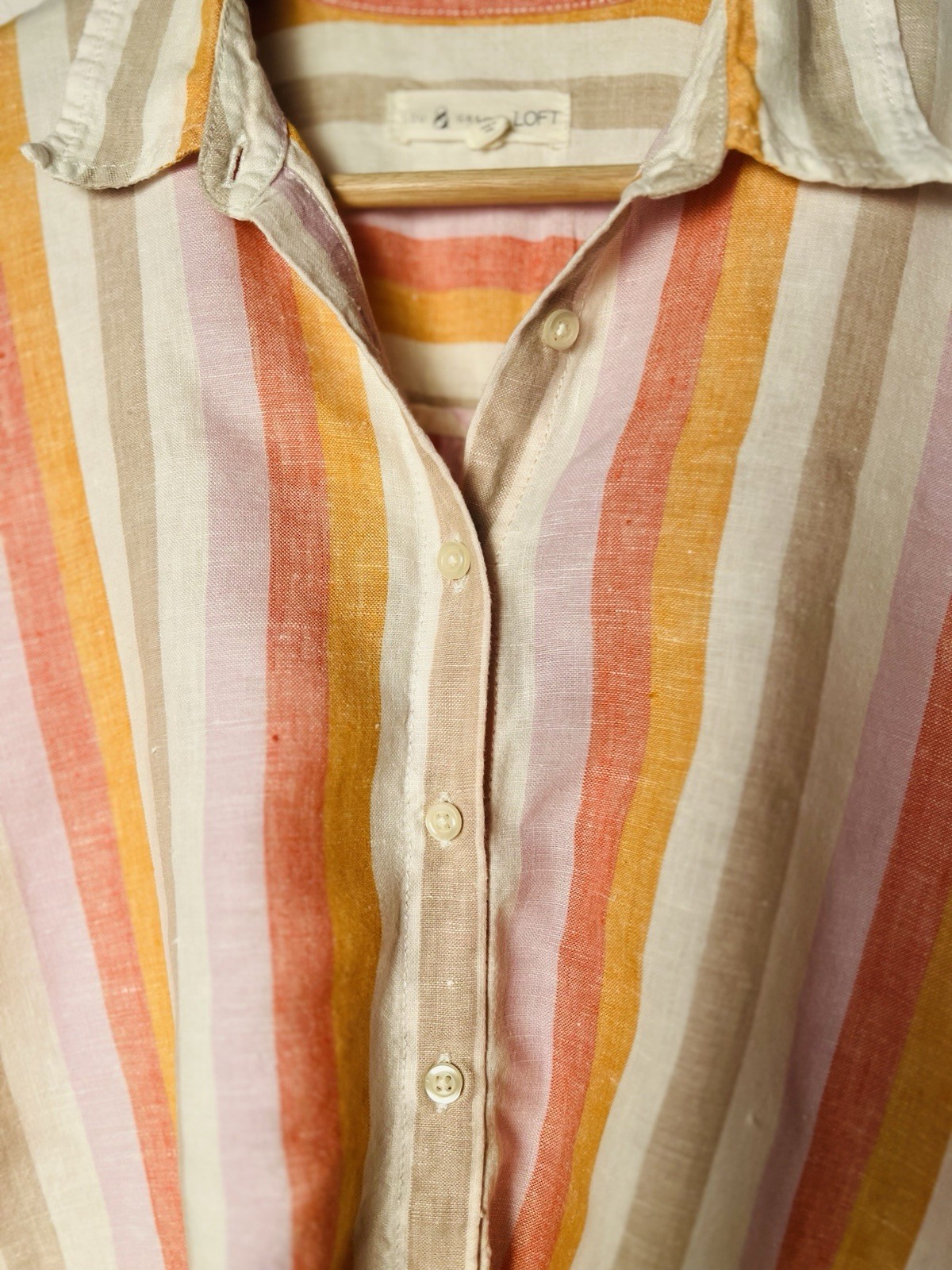 Lou & Grey Top XS Pastel Stripe 100% Linen Button Up Twist Front Shirt Boho