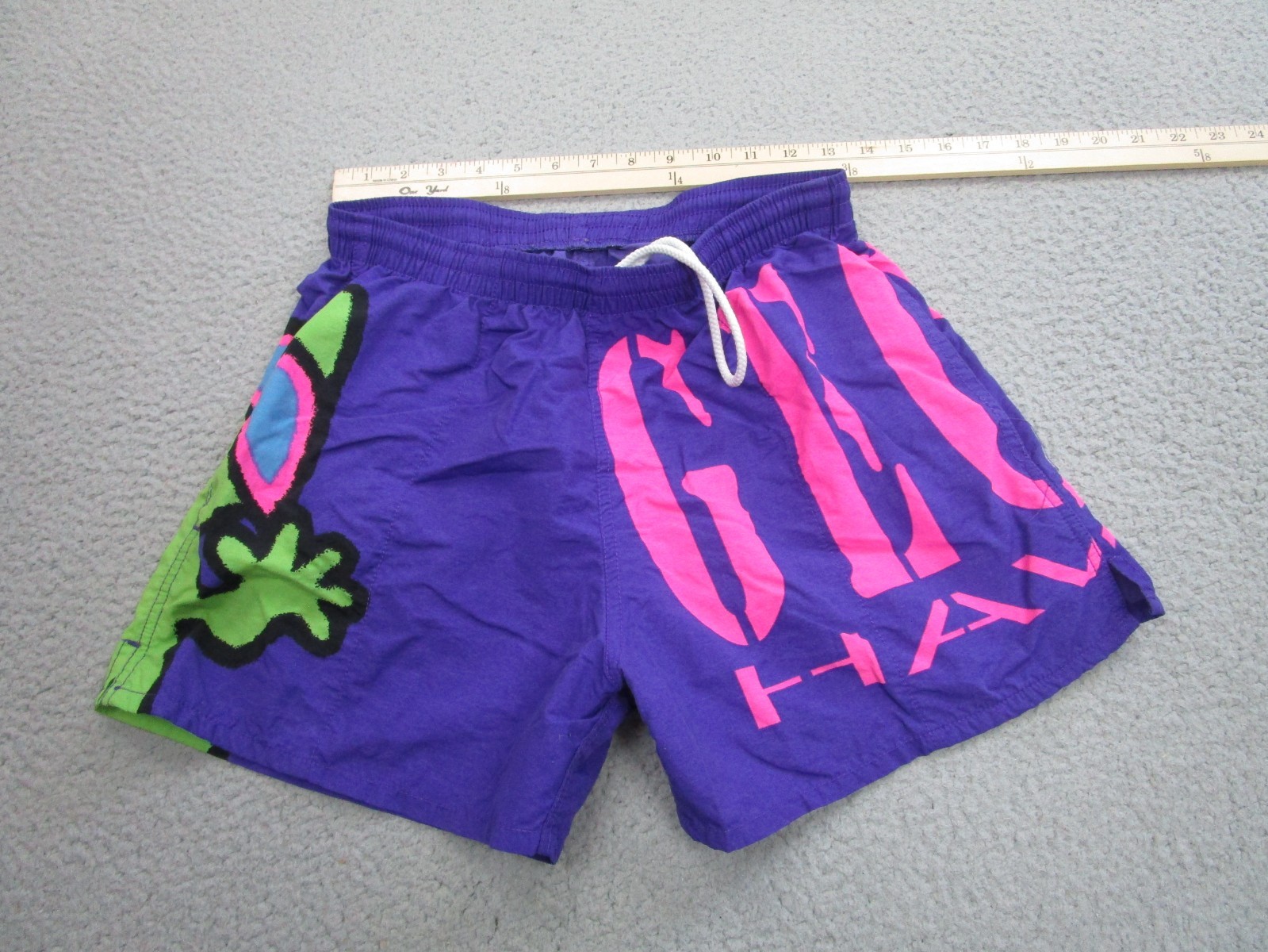Vintage 90s Gecko Hawaii Swim Trunks Shorts Adult S 28-30 Graphic Neon Spell Out