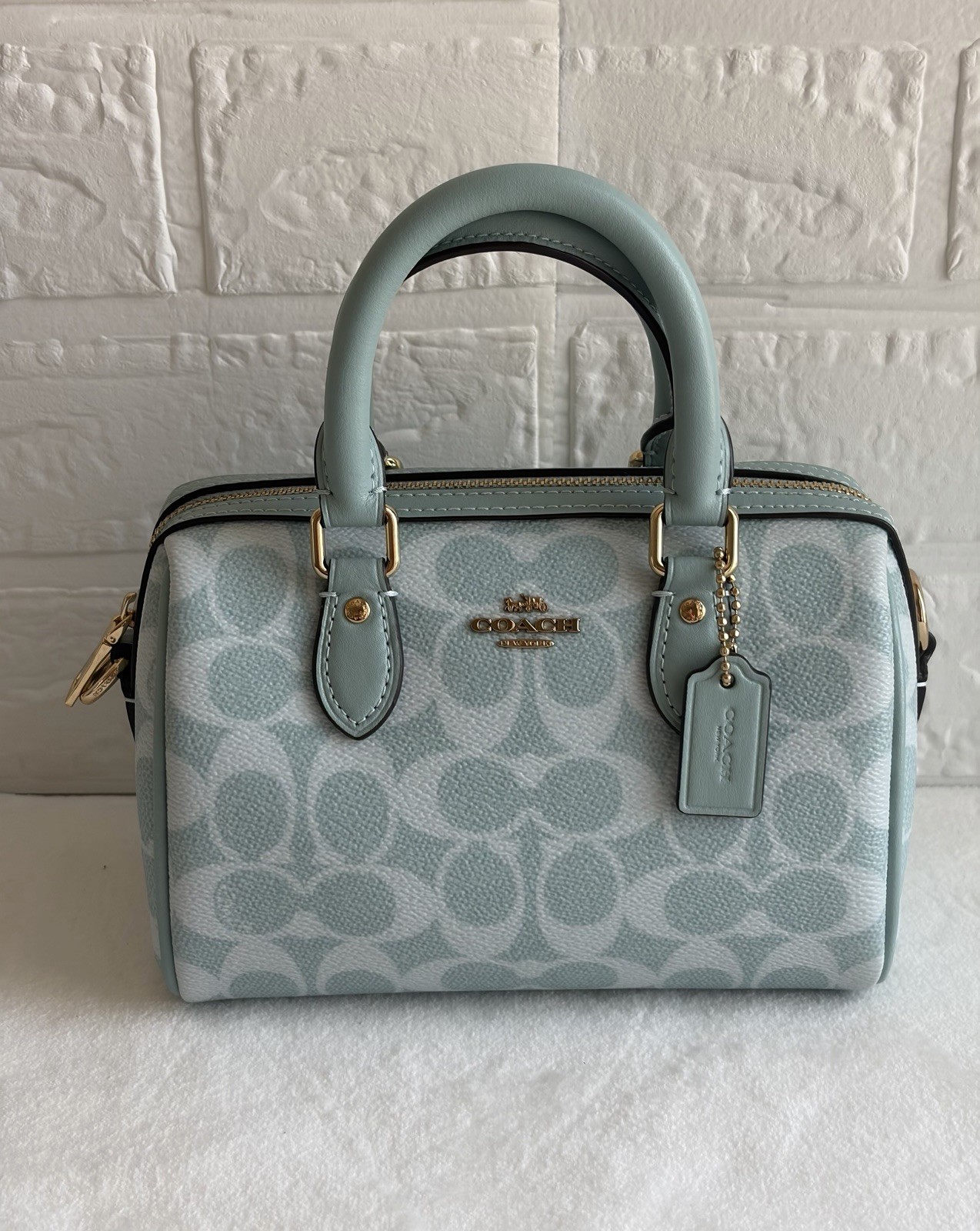 Coach Signature Mini Satchel Light Blue Zip Detachable Strap Gold