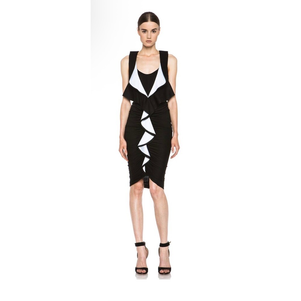 GIVENCHY Black White Ruffle Jersey Sheath Midi Dress Size 38
