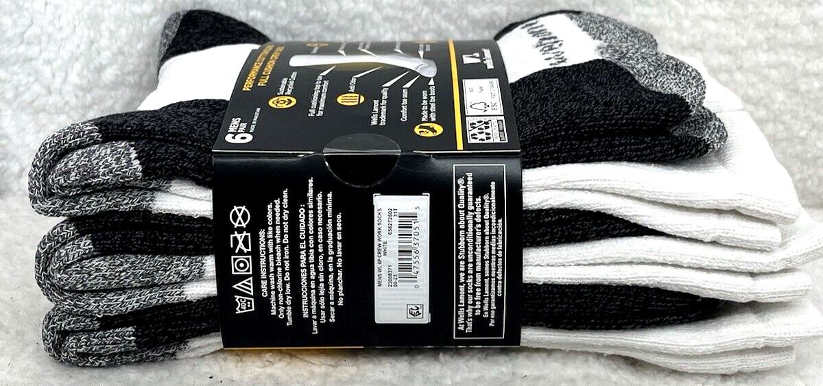 Wells Lamont Men’s Work Crew Socks 6-Pk White/Gray Great For Steel Toe Boots