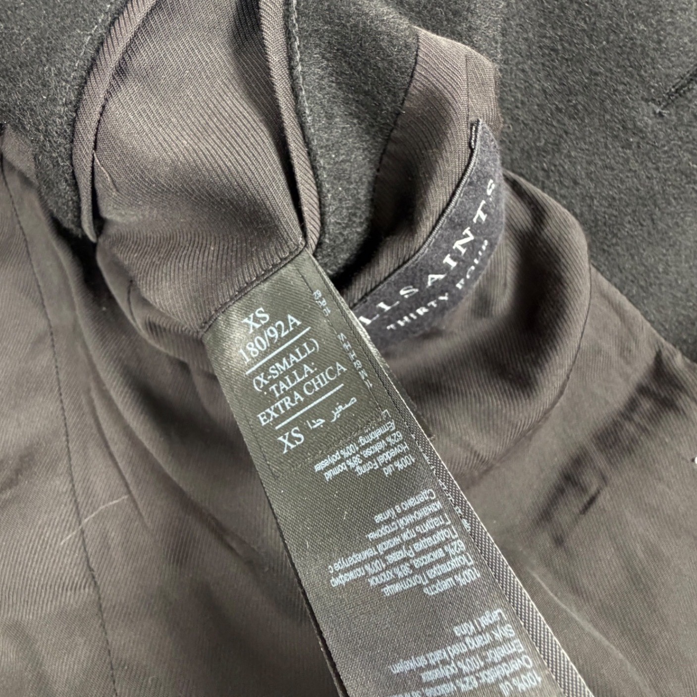 AllSaints Bodell Men XS Black Wool Blend Single Breasted Slim Fit Long Jacket