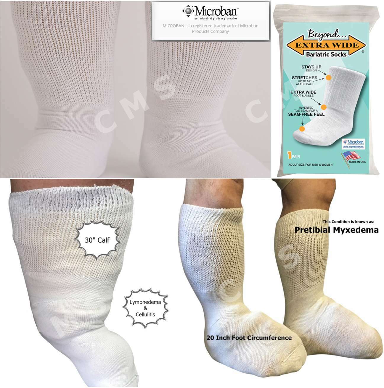 Beyond EXTRA-WIDE Bariatric Socks Adult Unisex Size 30″ Stretch Black or White