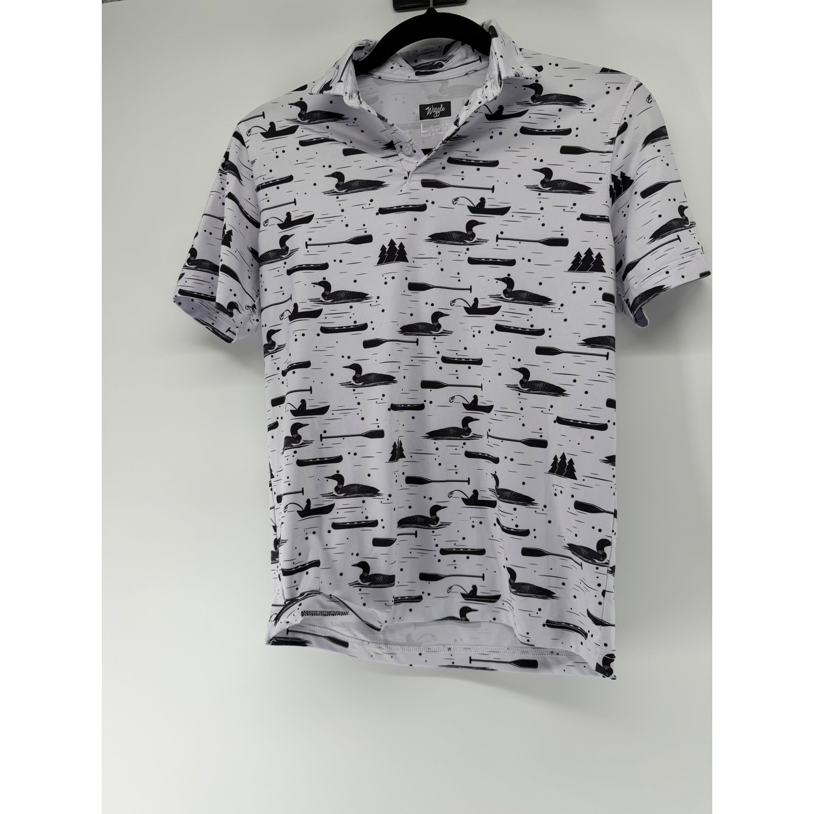 Waggle Golf Kids Polo Shirt White Black Loon Canoe Print Size Large L Stretch