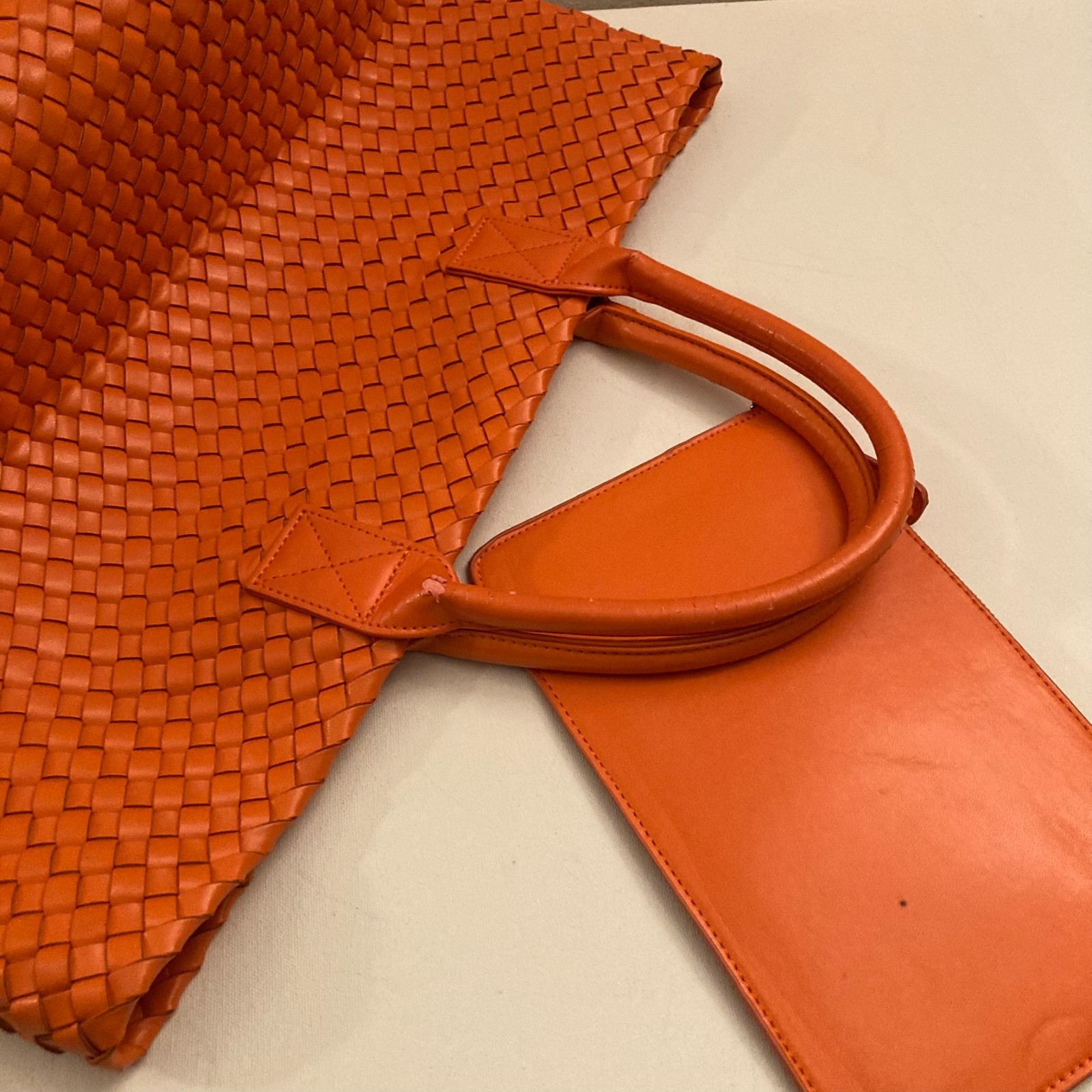Woven Nappa Leather Tote Bag 21″ Intrecciato Shopper Lambskin Orange Large