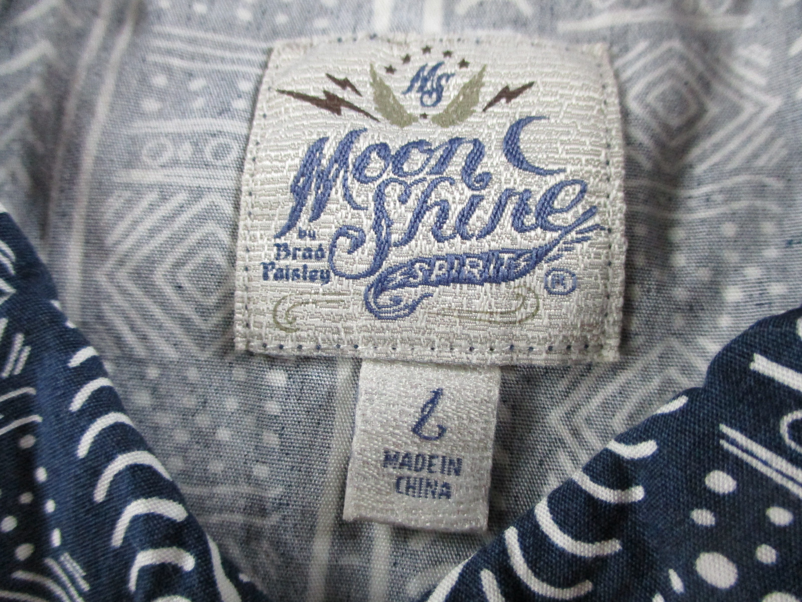 Moon Shine Spirit Shirt Mens Large Blue Pearl Snap Button Aztec Geometric Print