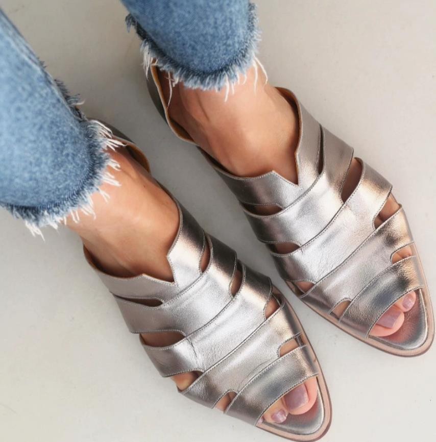 Women’s PU Leather Pointed Peep Toe Summer Sandals Hollow Breathable Shoes Flat
