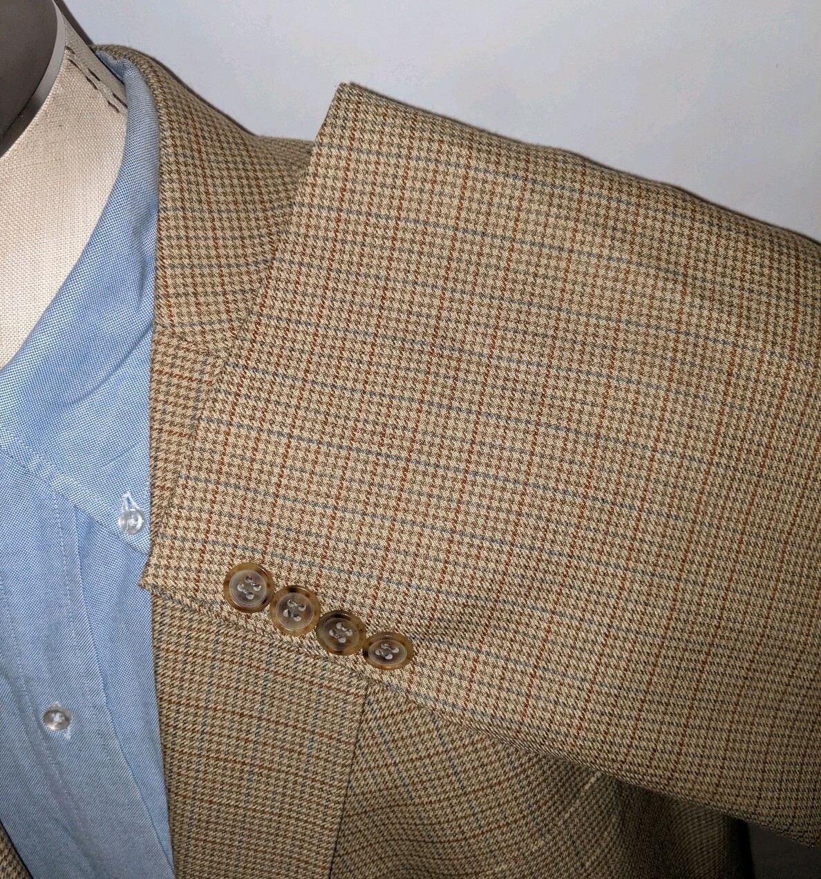 New 48L Blue Brown Tooth Check Wool Poly Blazer Sport Coat Jacket houndstooth