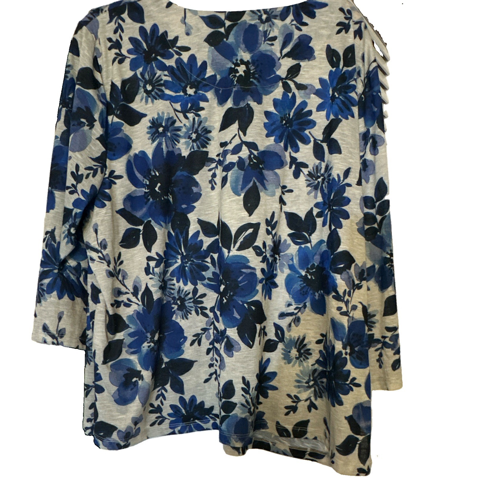 Alfred Dunner 3X Gray/Blue/Black Floral Studded Split Neck 3/4 Sleeve Knit Top