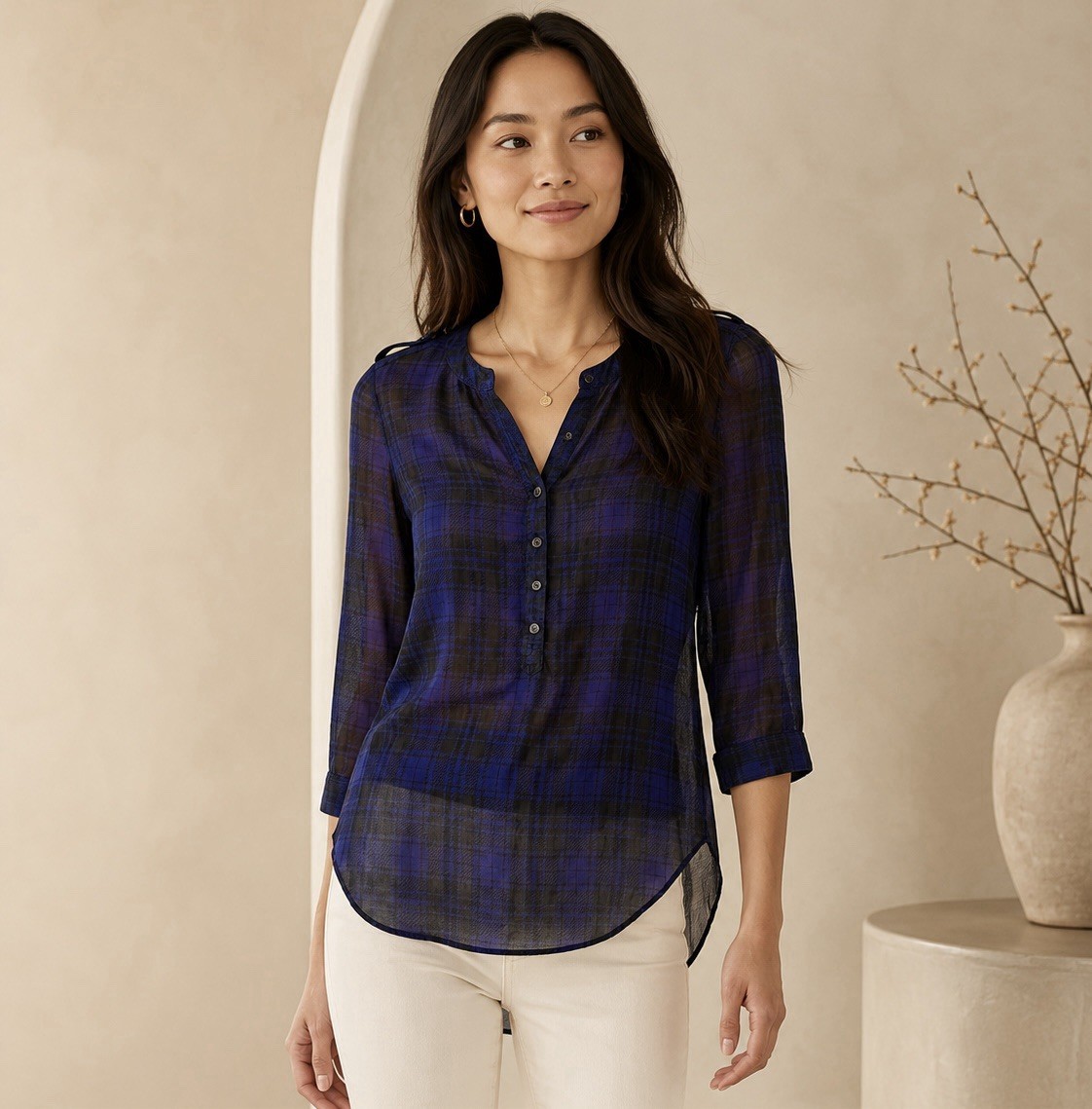 Express Semi Transparent Plaid Blouse Women’s XS Blue Black Sheer Button Top