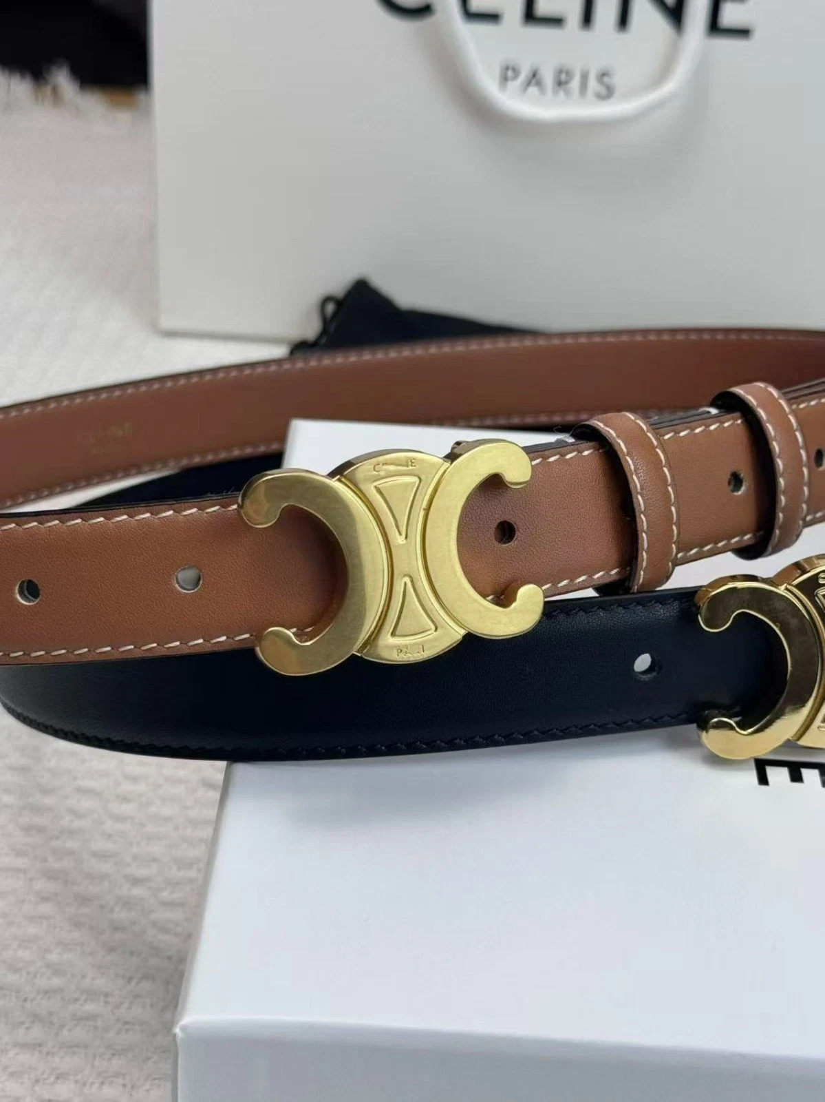 Celine Brown /Black sided Belt for Women in Tan 100cm Size NEW With Box