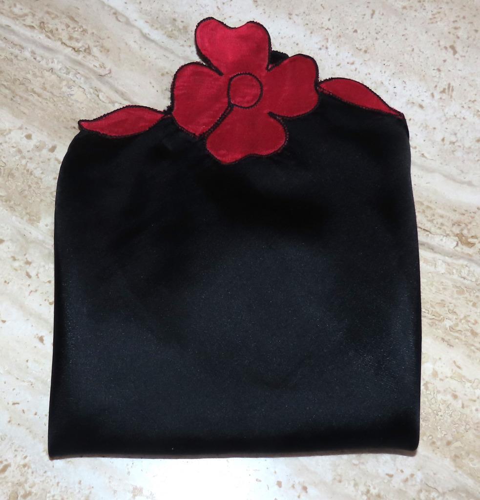 Square black scarf; red floral accent; silk; 17 x 16.5 inches