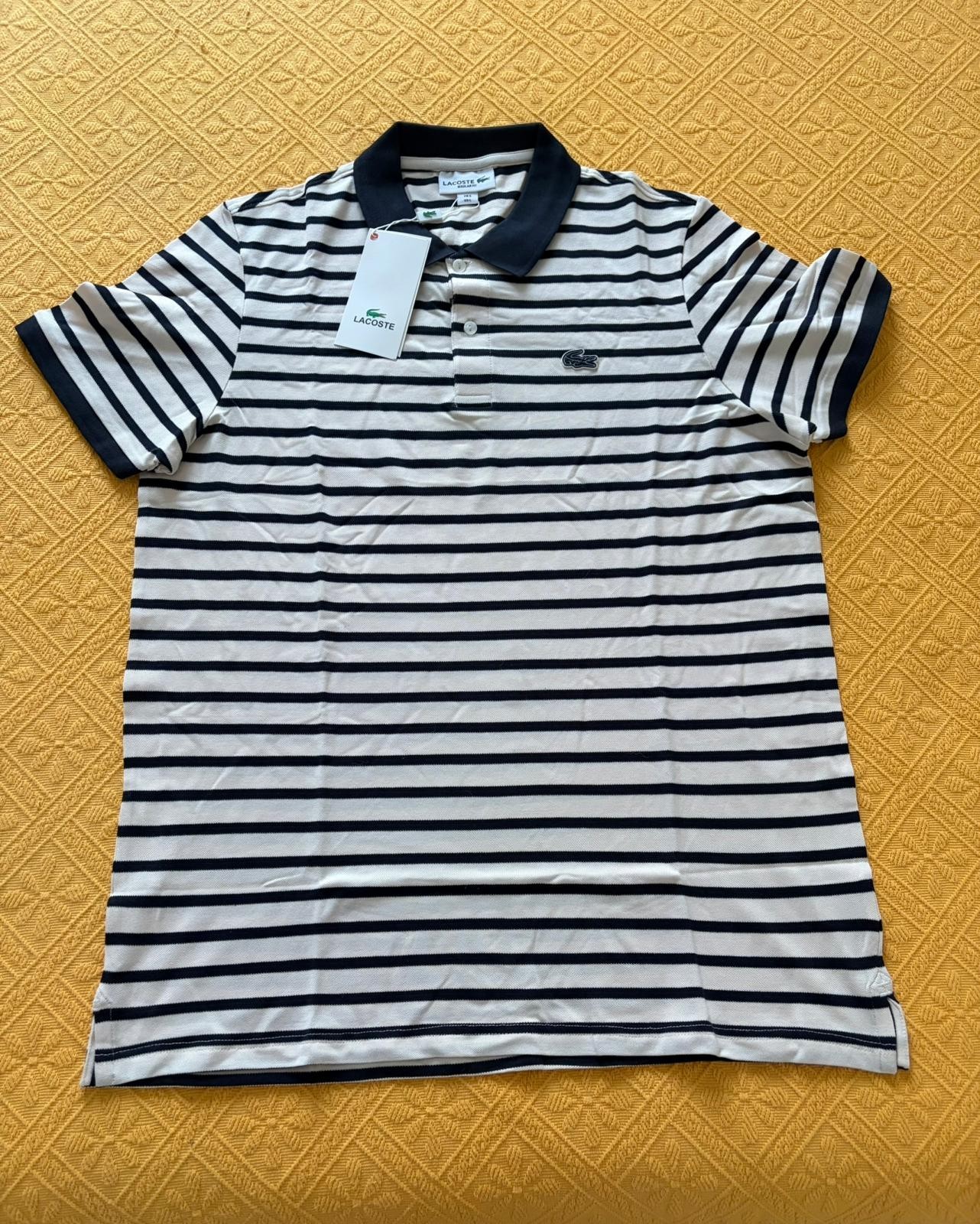 LACOSTE MENS DARK BLUE STRIPED 100% COTTON SHORT SLEEVE POLO SHIRT SIZE L