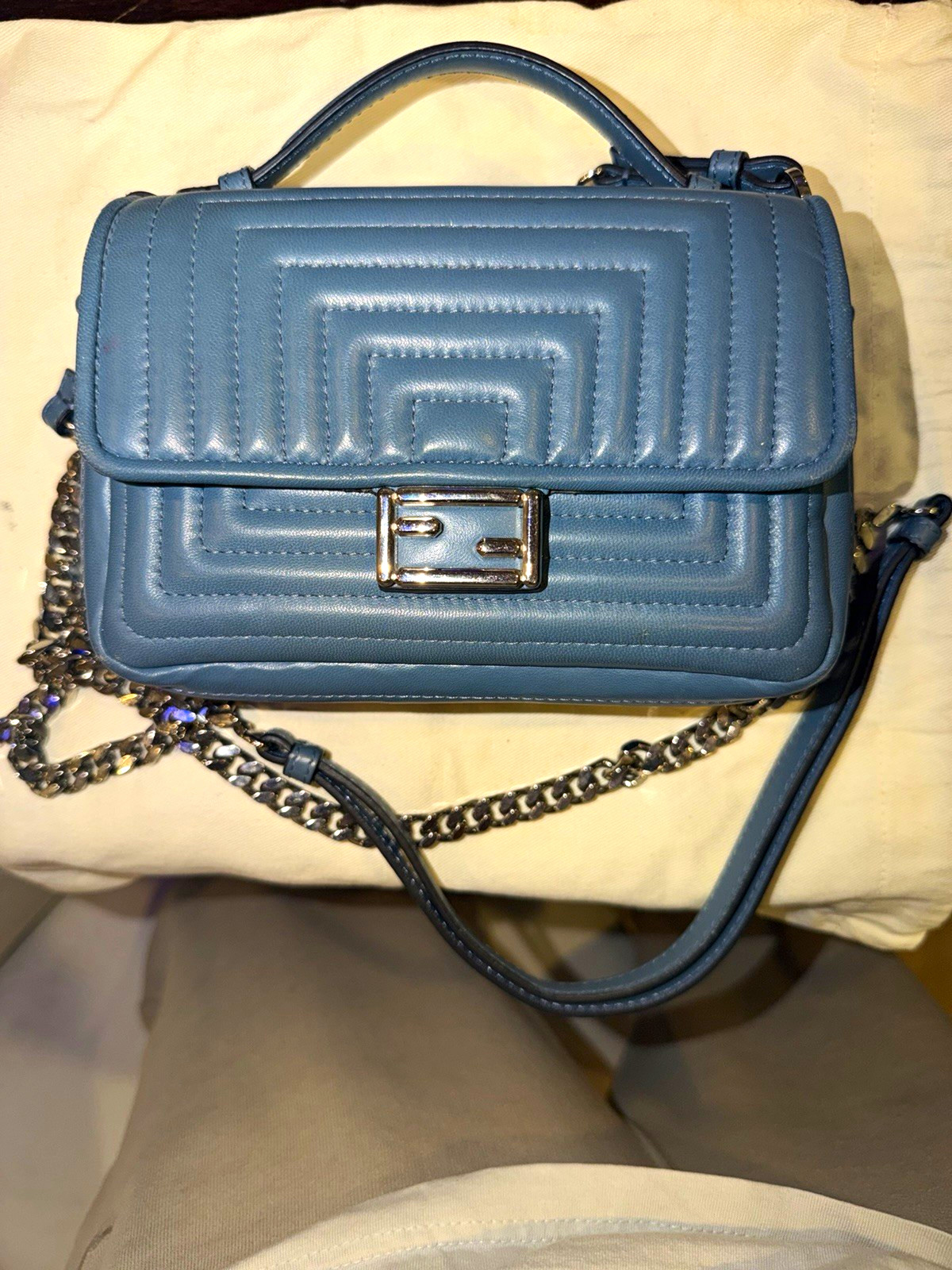 Fendi Blue Quilted Small Crossbody Bag Chain Strap Top Handle Turn Lock