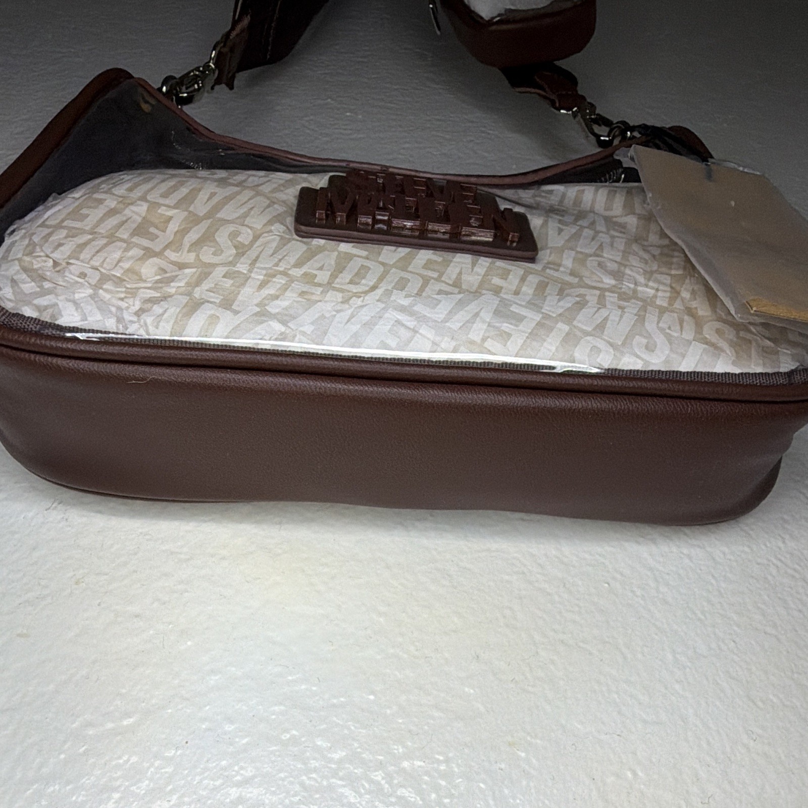 Steve Madden Small Brown Beige Logo Coated Crossbody Bag Zip, Detachable Strap