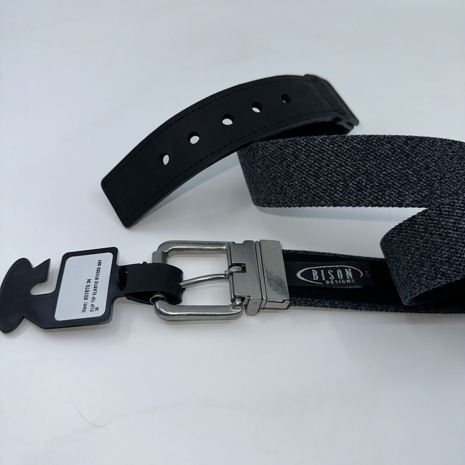 Bison Designs 35 mm Elastic Flip Tip Belt Gray Metal Buckle Sz 34 1.25″ Wide NEW