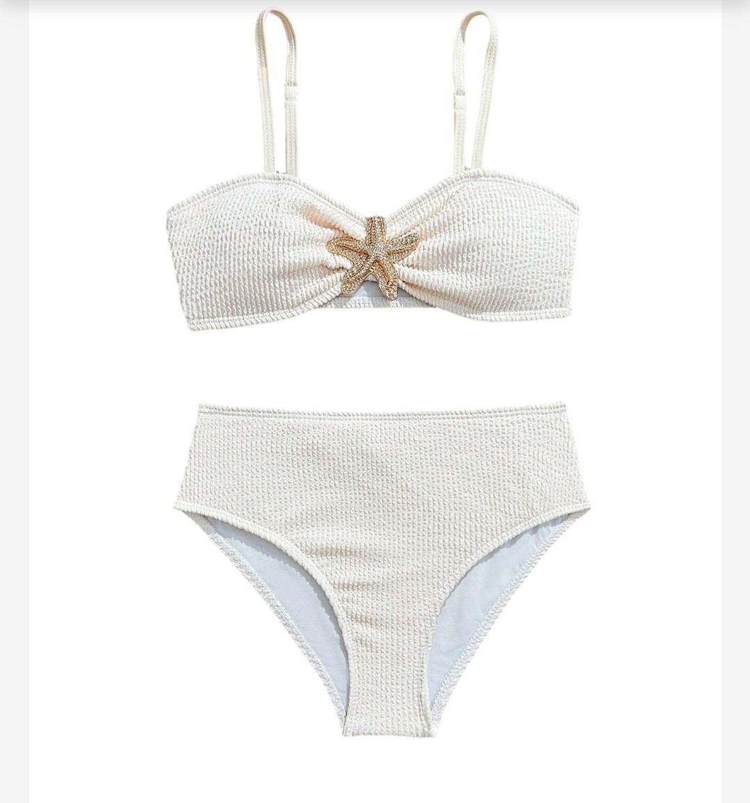 RoseSeek Girls 2-Piece Starfish Bikini Set Padded Bandeau High-Waist Apricot 11Y