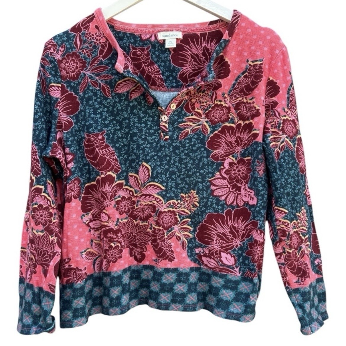 Sundance floral thermal waffle knit Henley Size PL Women’s pullover